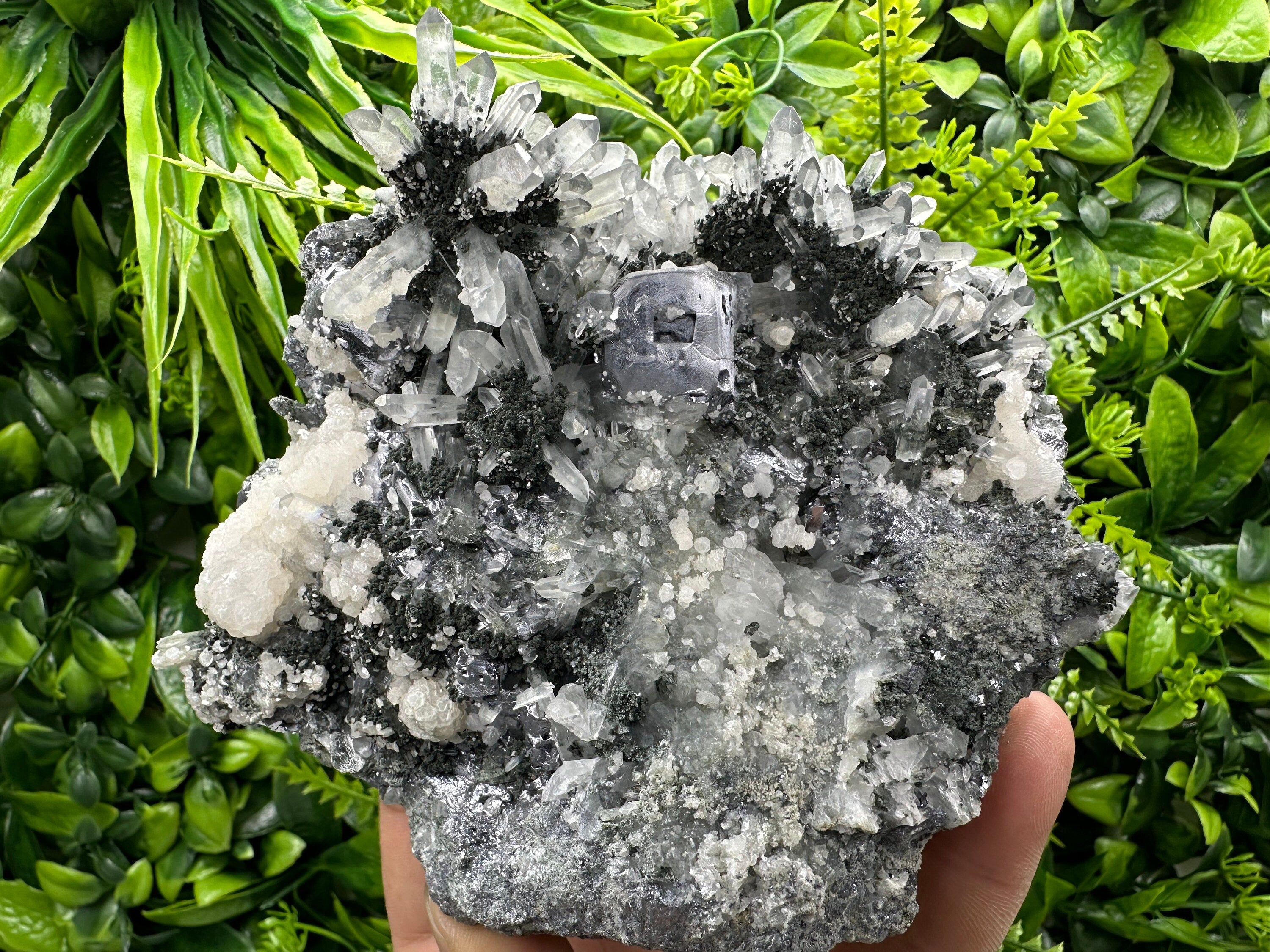 Galena on Quartz with Chlorite and Calcite: Natural Crystal Decor