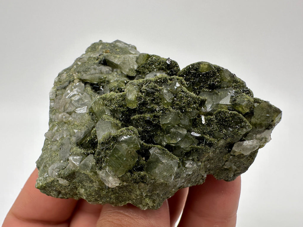 Rare Green Epidote with Quartz Crystals: Sparkly Rainbow Mineral Decor