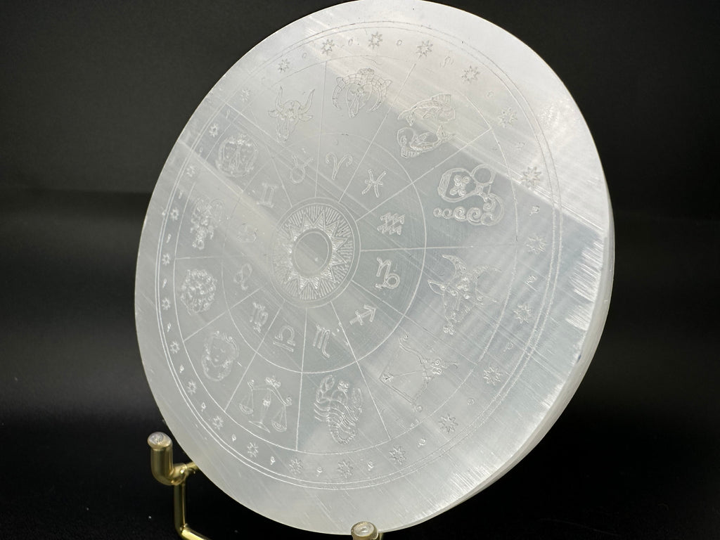 Natural Selenite Zodiac Disc: Engraved Crystal Healing Decor (10/10cm)