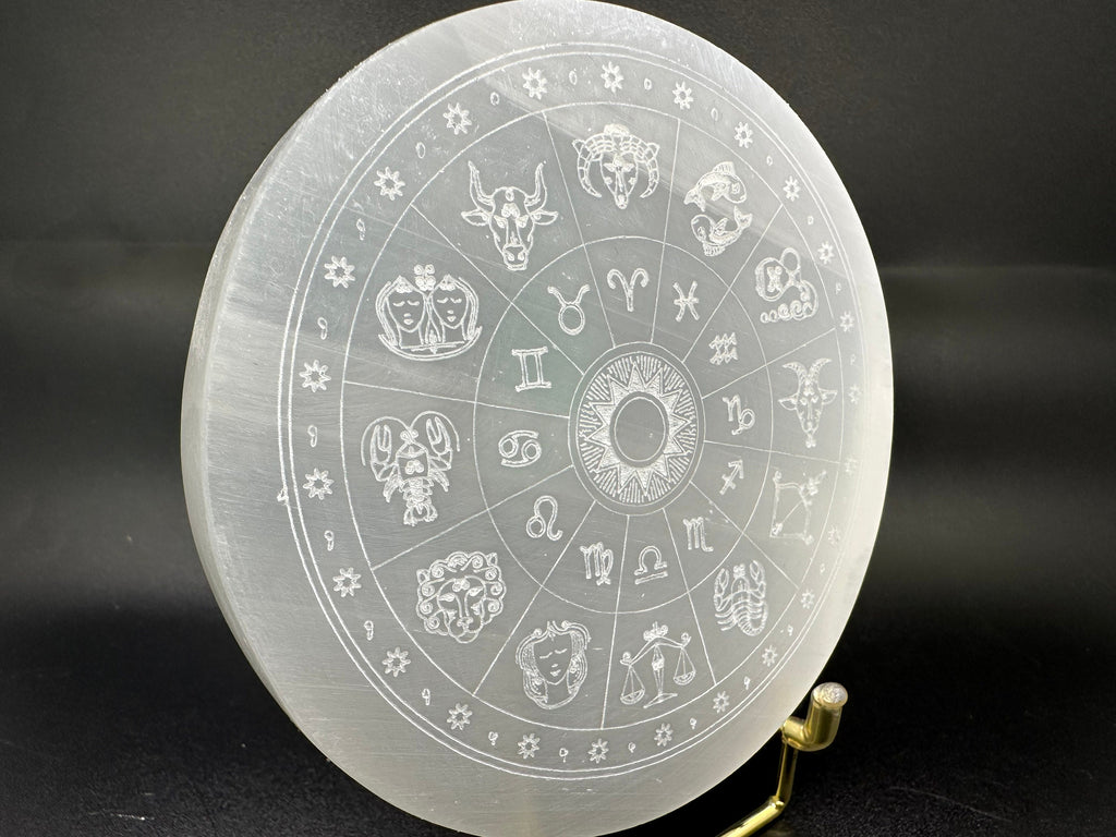 Natural Selenite Zodiac Disc: Engraved Crystal Healing Decor (10/10cm)