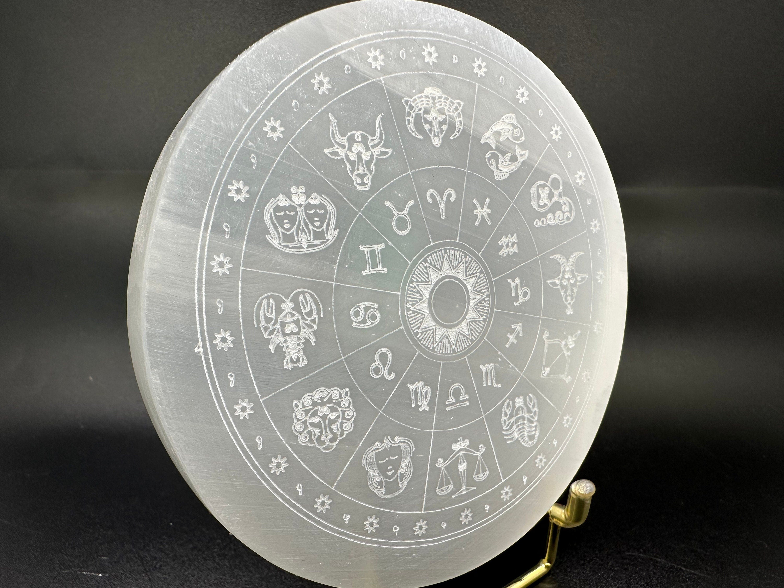 Natural Selenite Zodiac Disc: Engraved Crystal Healing Decor (10/10cm)