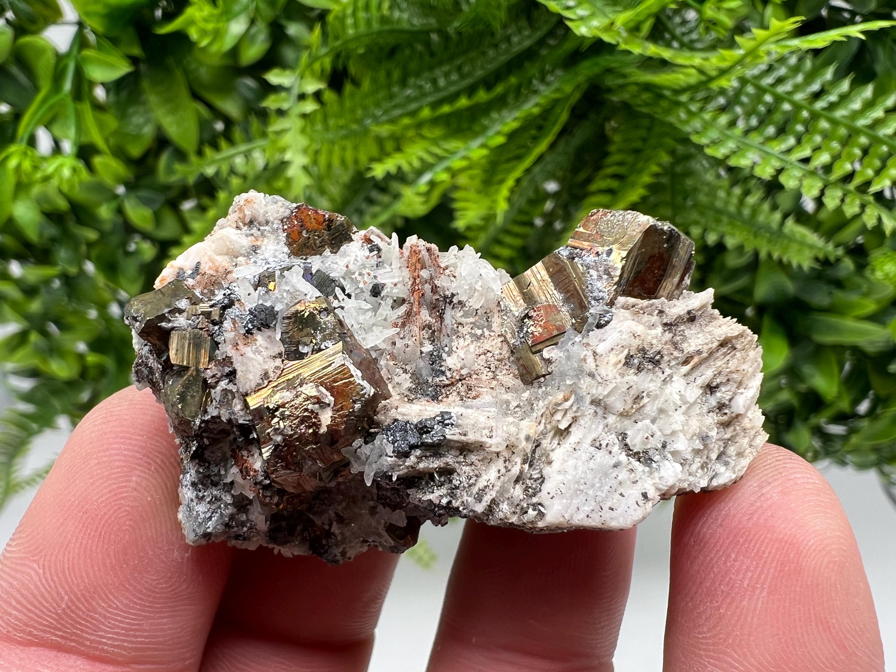 Pyrite with Hematite on Sphalerite, Quartz, Bulgaria Mineral Specimen