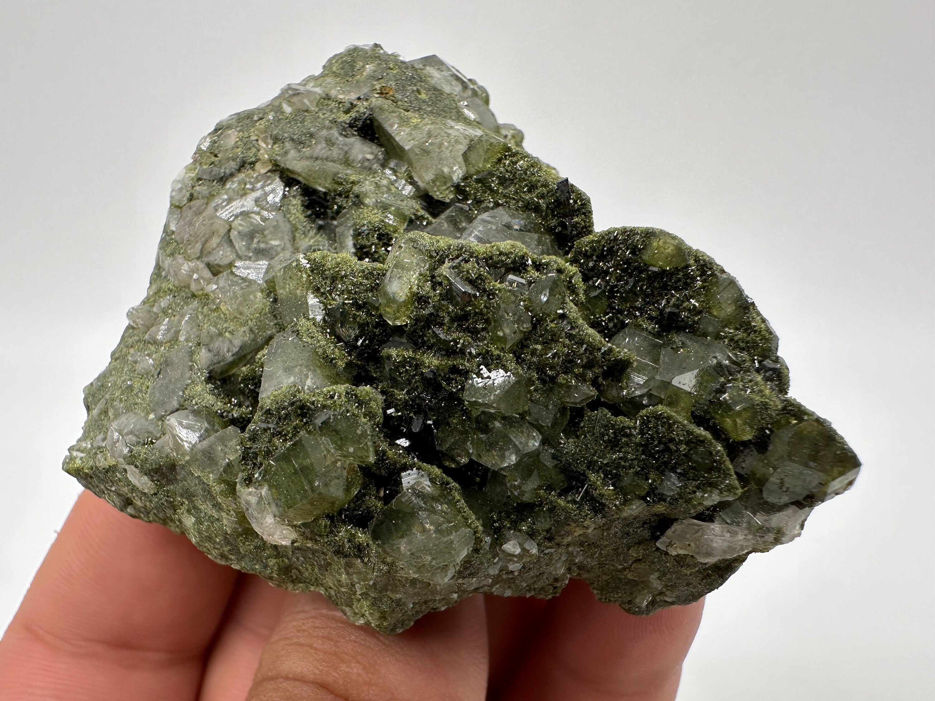 Rare Green Epidote with Quartz Crystals: Sparkly Rainbow Mineral Decor
