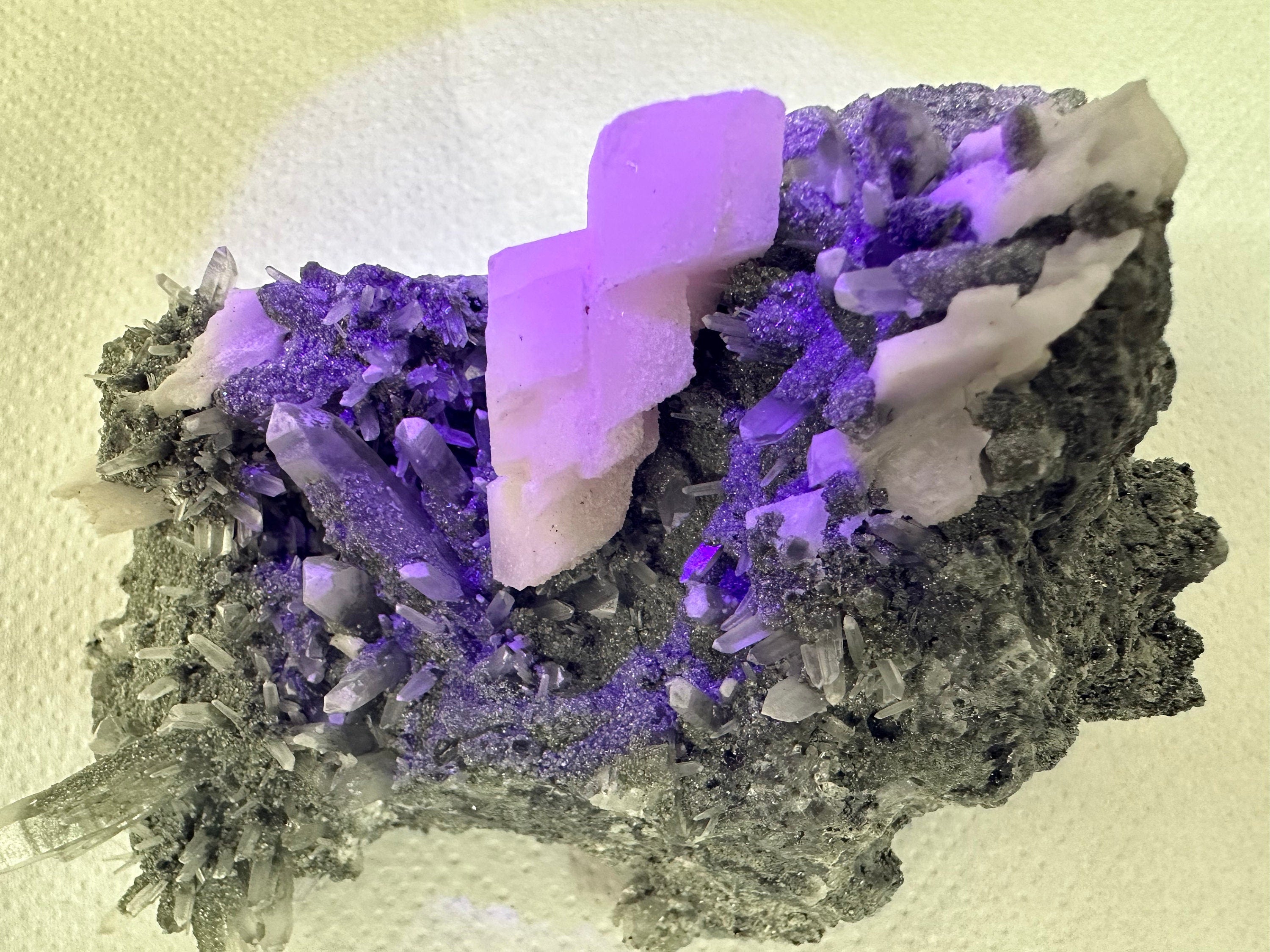 Mangano Calcite on Quartz with Chlorite, Borieva Mine Mineral Specimen