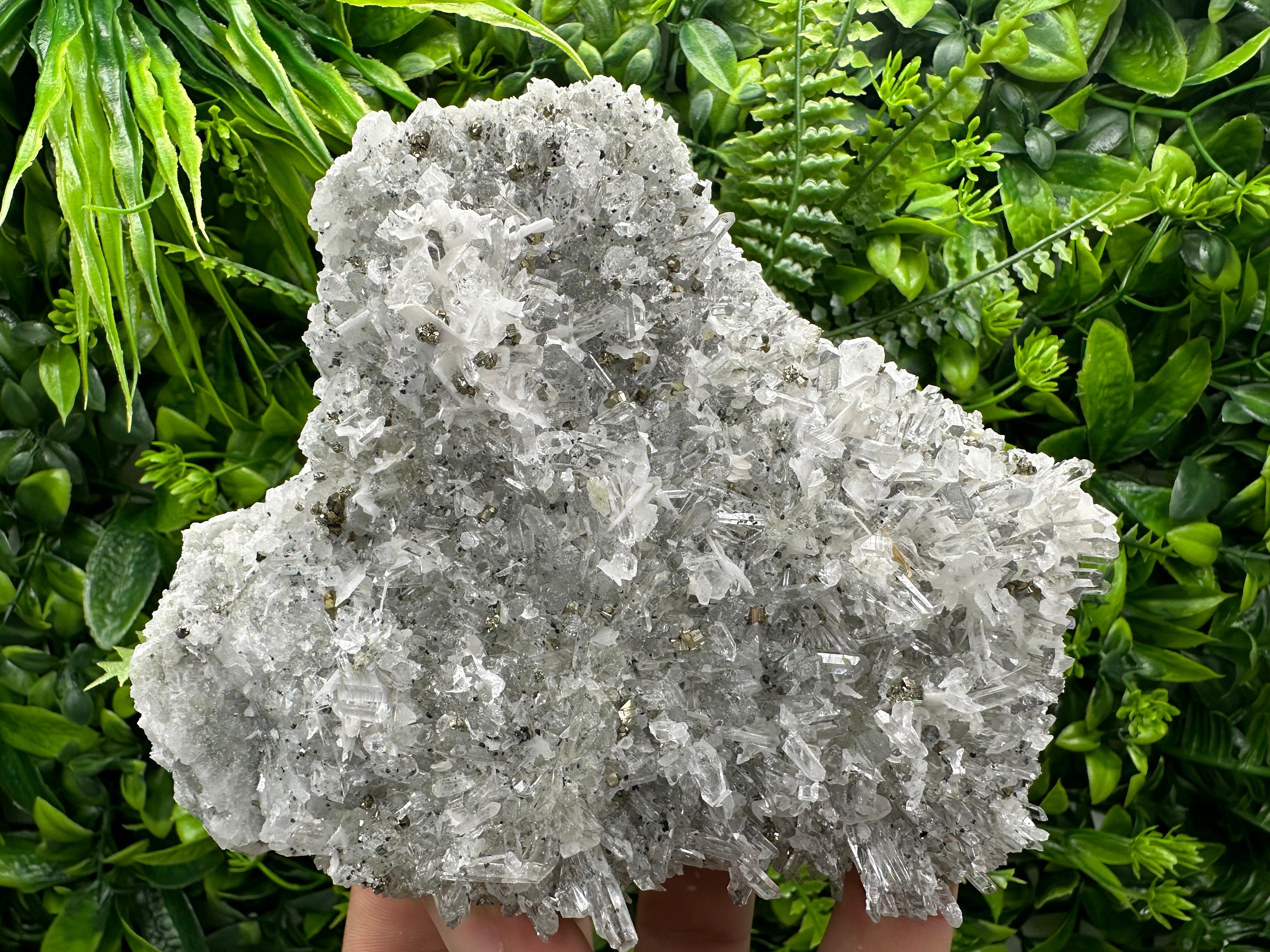Calcite Pyrite on Quartz Crystal, Borieva Bulgaria Mineral Specimen