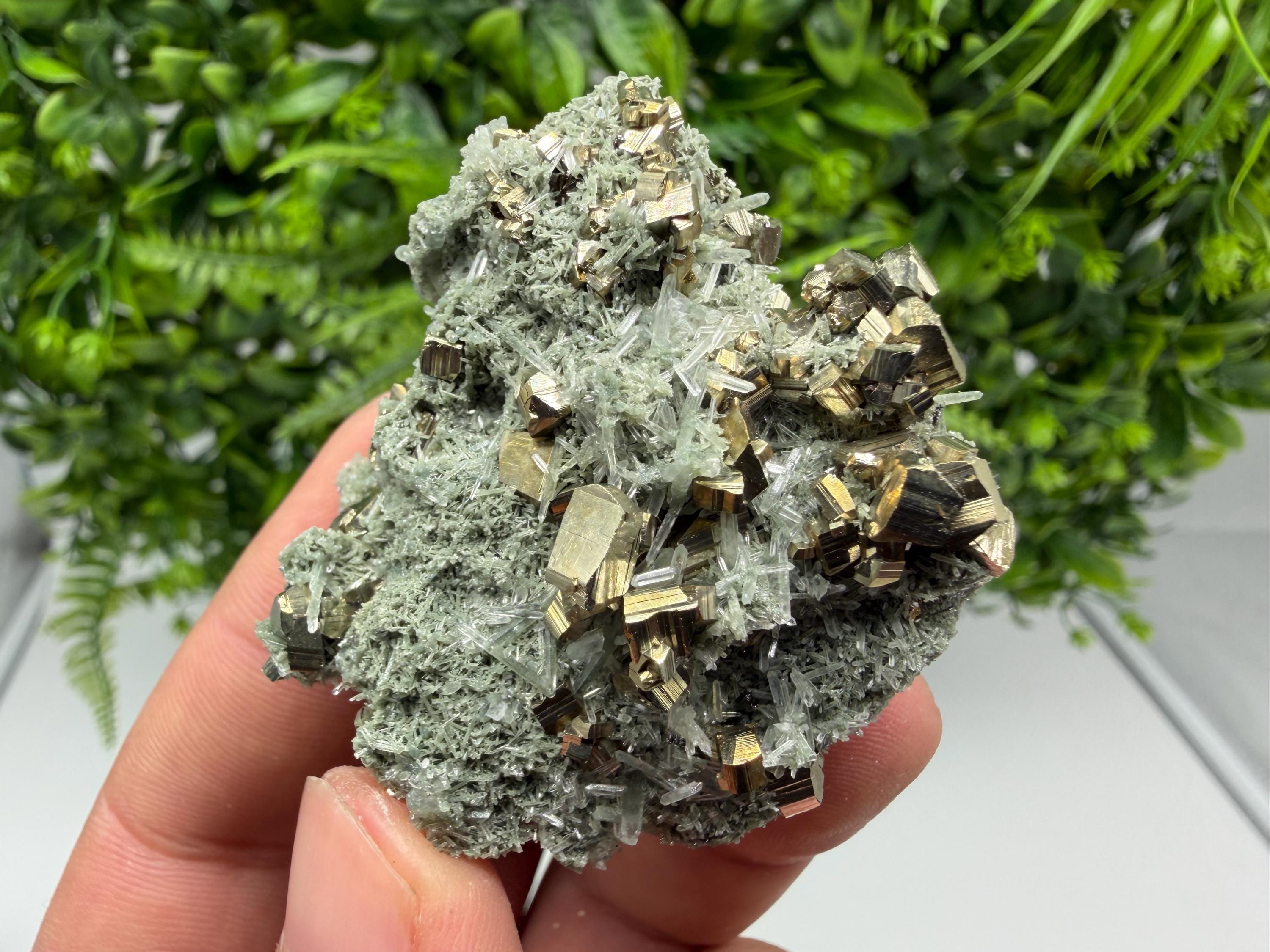 Pyrite on Green Quartz Mineral Specimen, Borieva Mine, Bulgaria