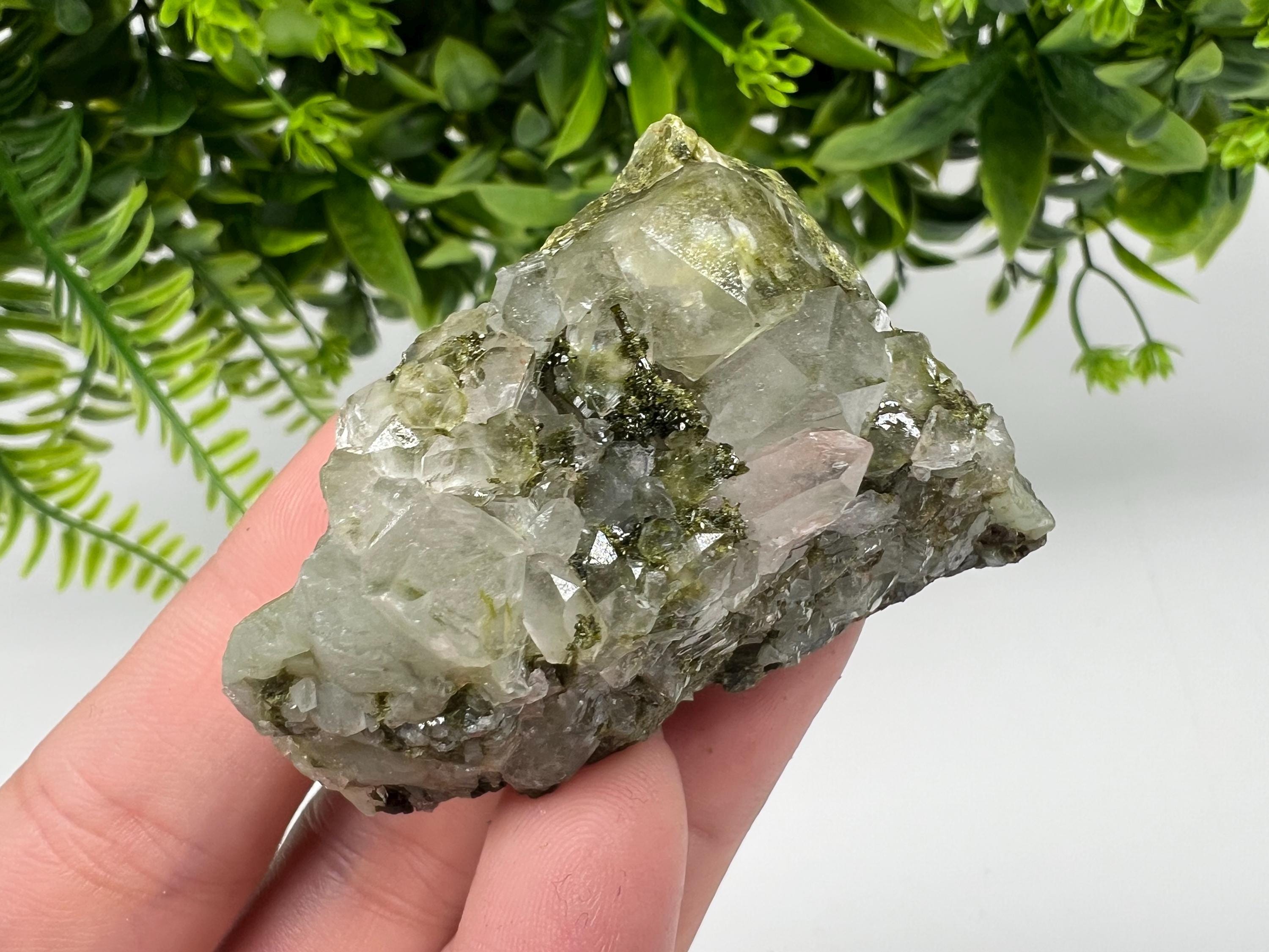 Rare Green Epidote with Quartz Crystals - Rainbow Sparkle Stone, Turkey