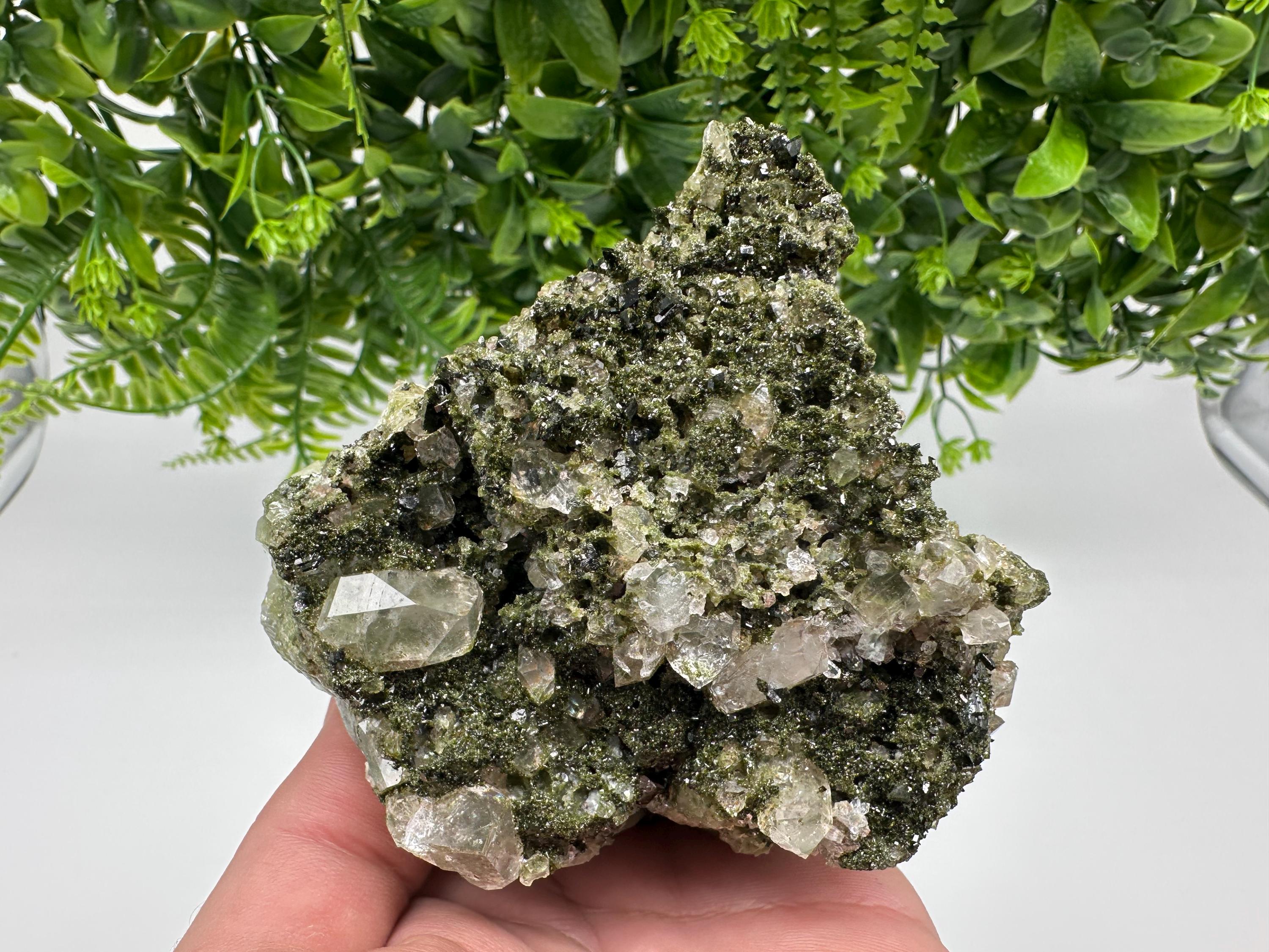 Green Epidote with Quartz Crystals: Sparkly Rainbow Mineral Decor
