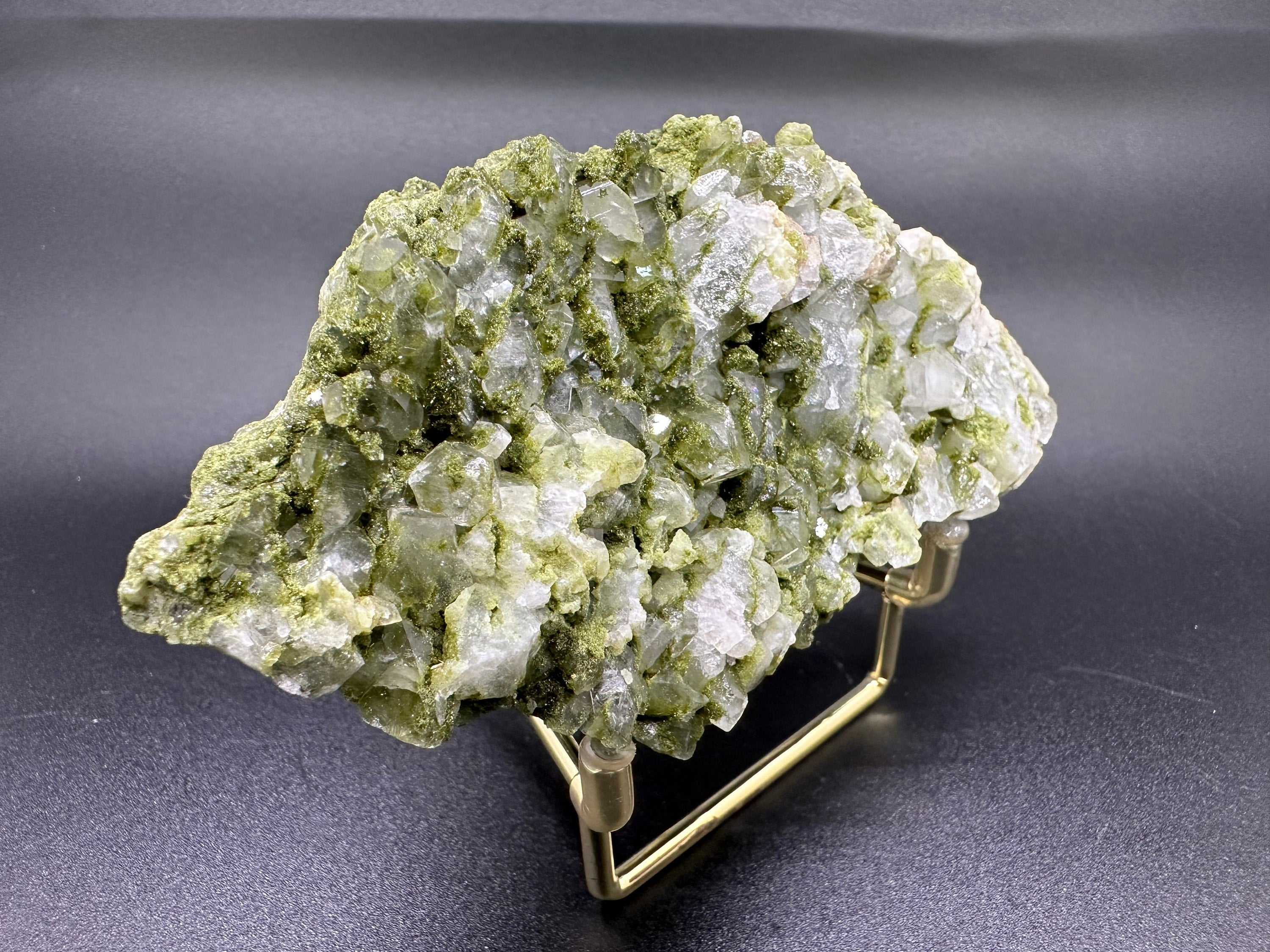 Rare Green Epidote with Quartz Crystals: Sparkly Rainbow Mineral Decor