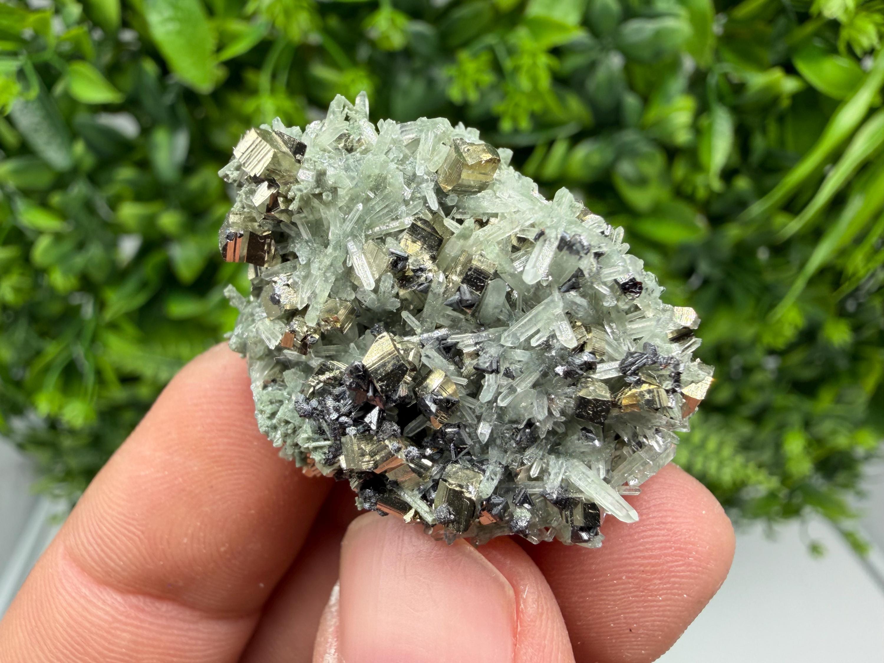 Pyrite on Green Quartz Mineral Specimen, Borieva Mine, Bulgaria