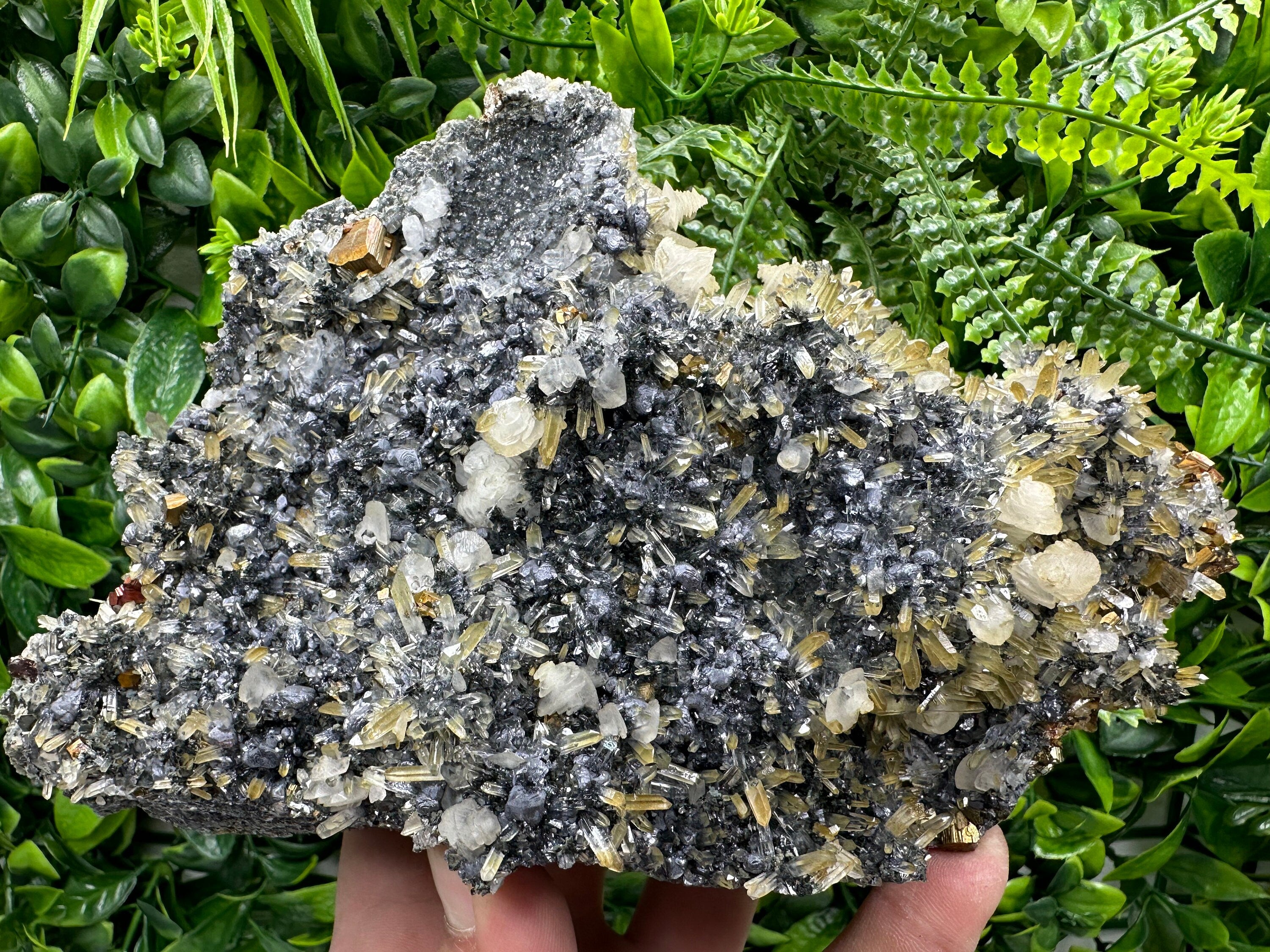 Pyrite Galena Calcite Sphalerite on Quartz Crystal: Borieva Bulgaria Decor Stone