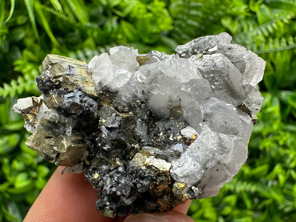 Rainbow Pyrite on Calcite Cluster - Borieva Mine, Bulgaria