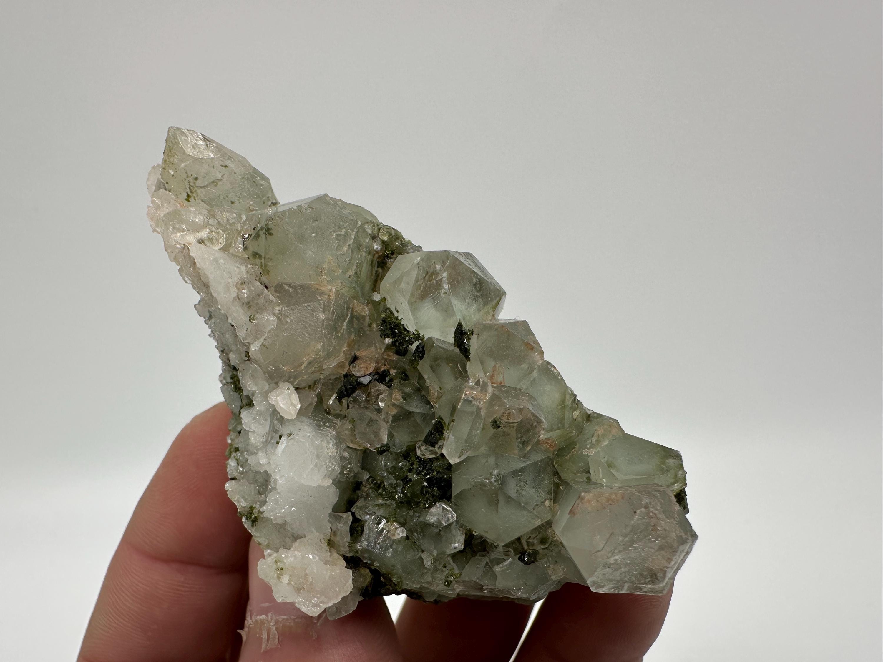 Rare Green Epidote with Quartz Crystals: Sparkly Rainbow Mineral Decor