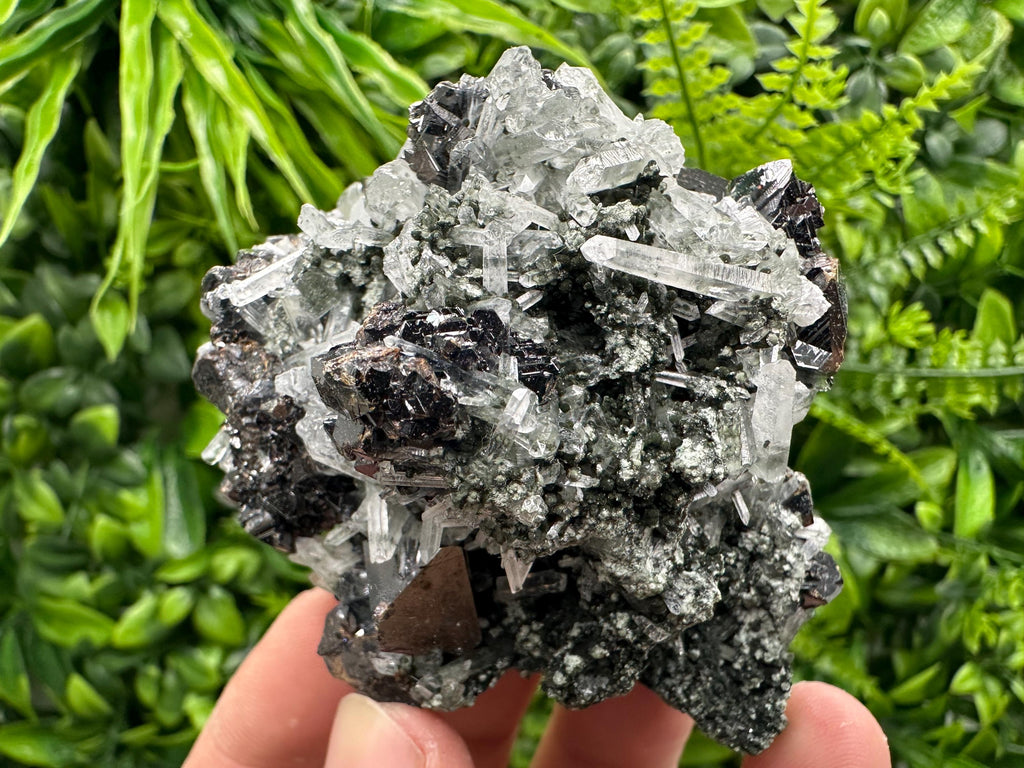 Black Sphalerite with Quartz Cluster, Natural Mineral Specimen