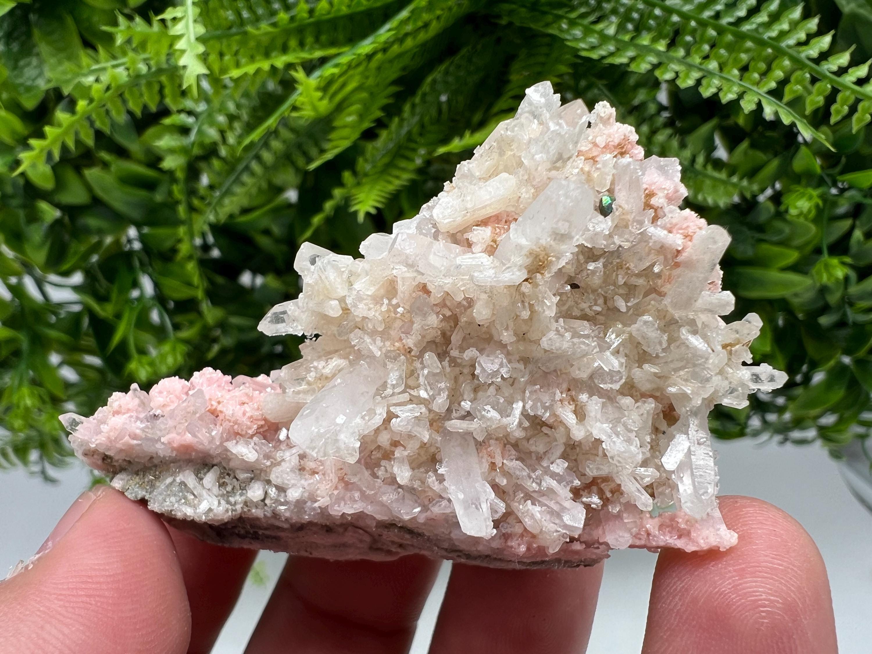 One beautiful cabinet size specimen of rhodochrosite, overgrowth by well-terminated quartz crystals Starnica mine Davidcovo area Bulgaria