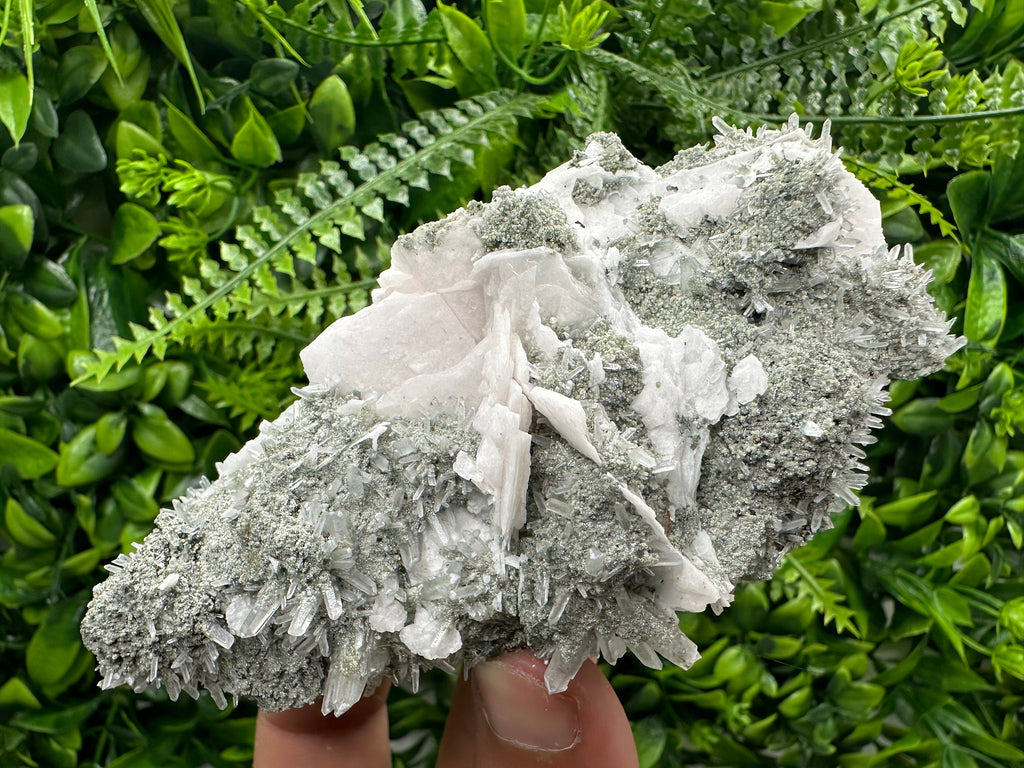 Calcite on Green Quartz: Borieva Mine Crystal Decor