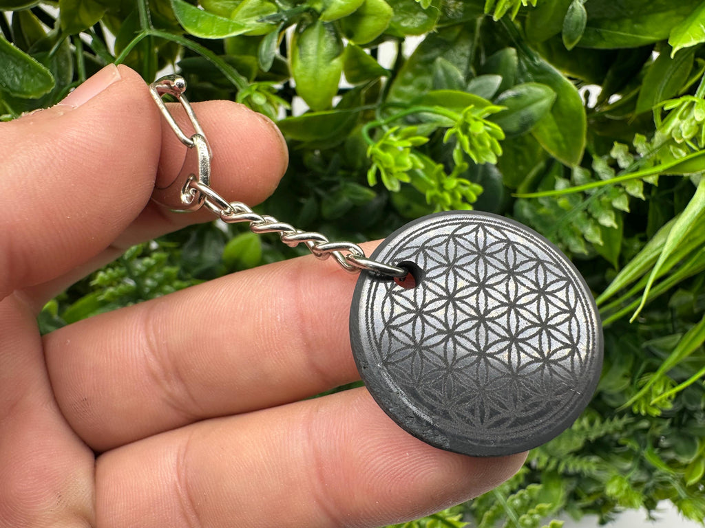 Shungite Keychain: Flower of Life Crystal Pendant, EMF Protection