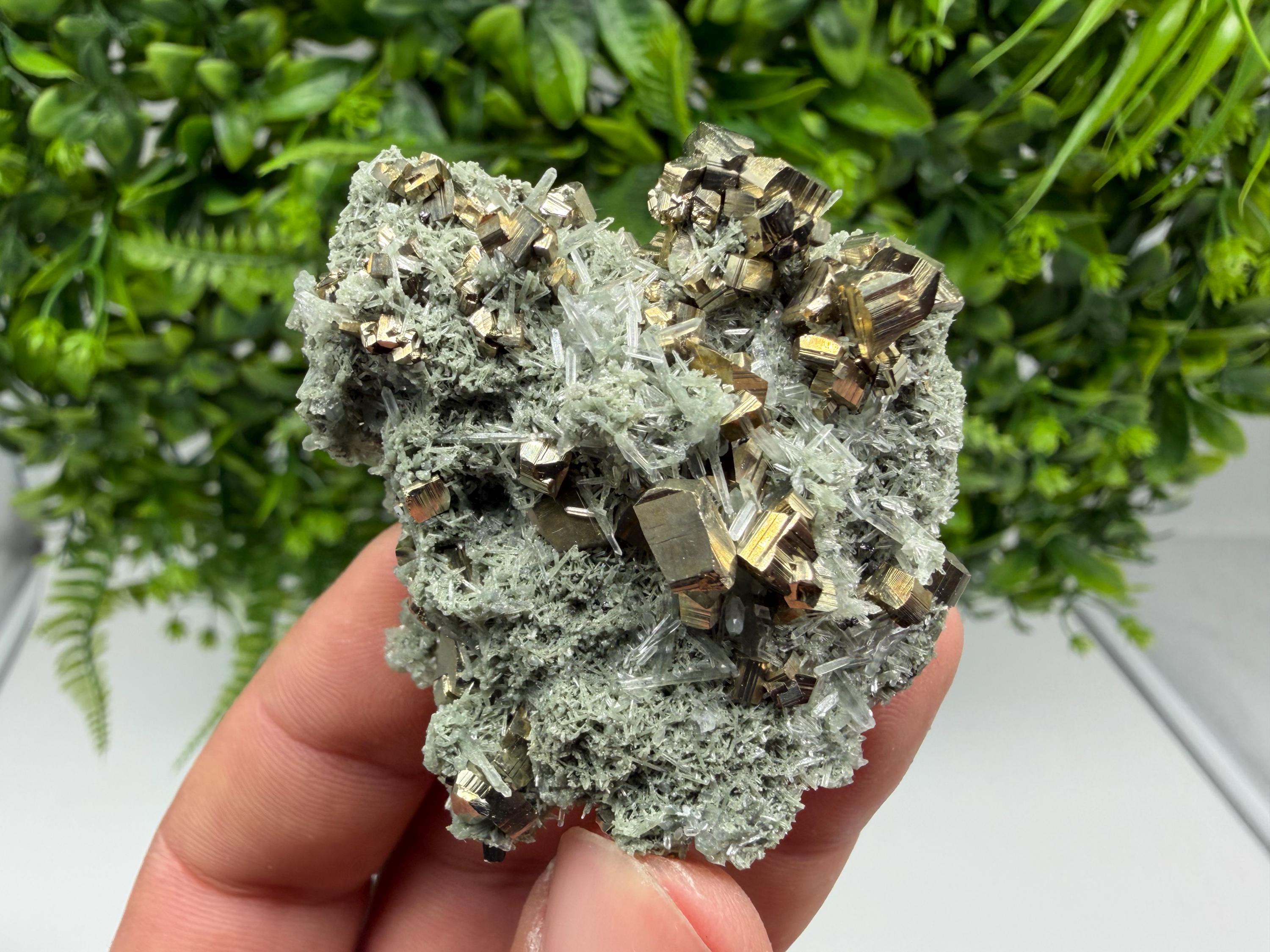 Pyrite on Green Quartz Mineral Specimen, Borieva Mine, Bulgaria