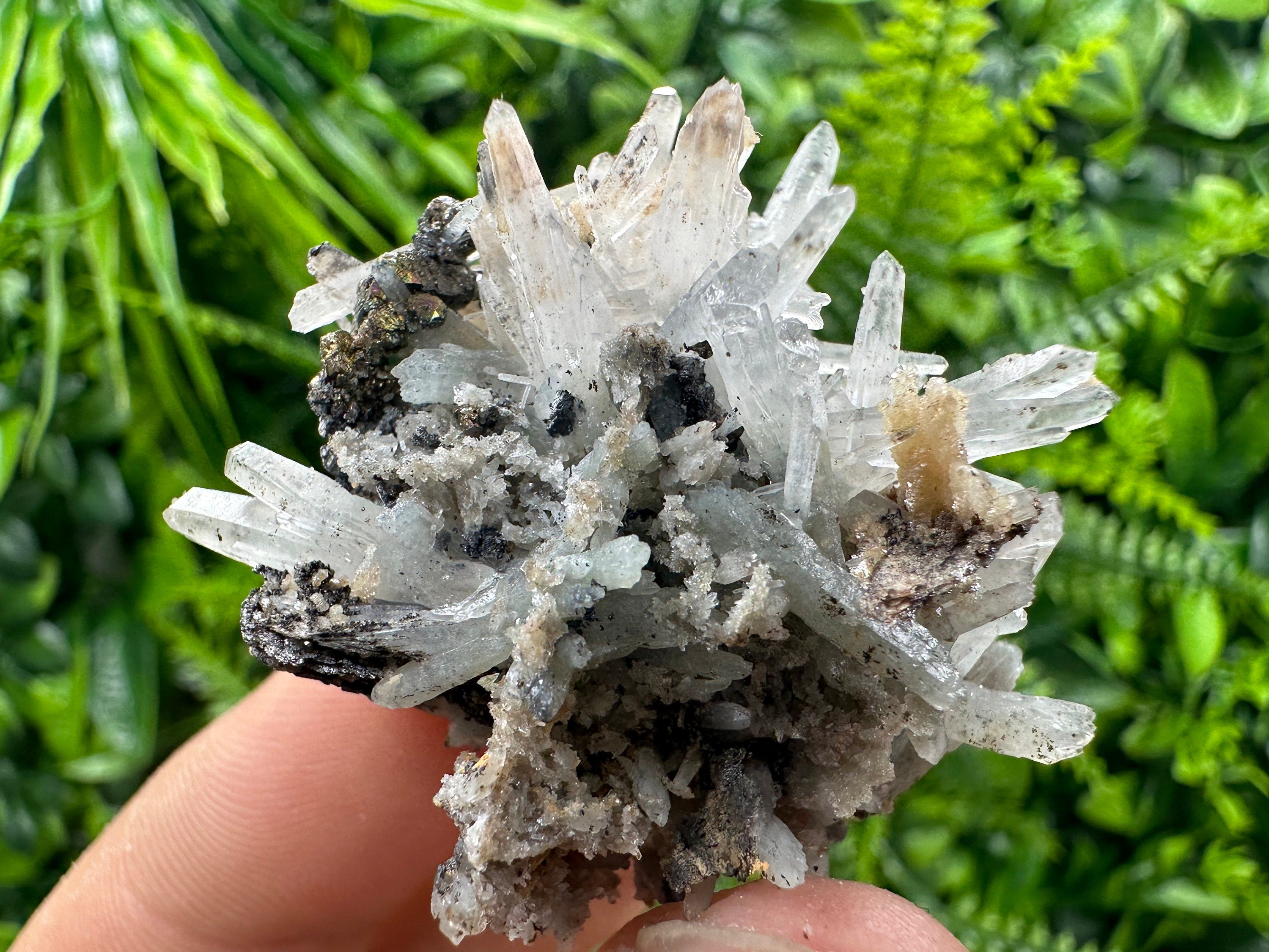 Quartz with Calcite, Hematite, and Chalcopyrite: Natural Mineral Decor