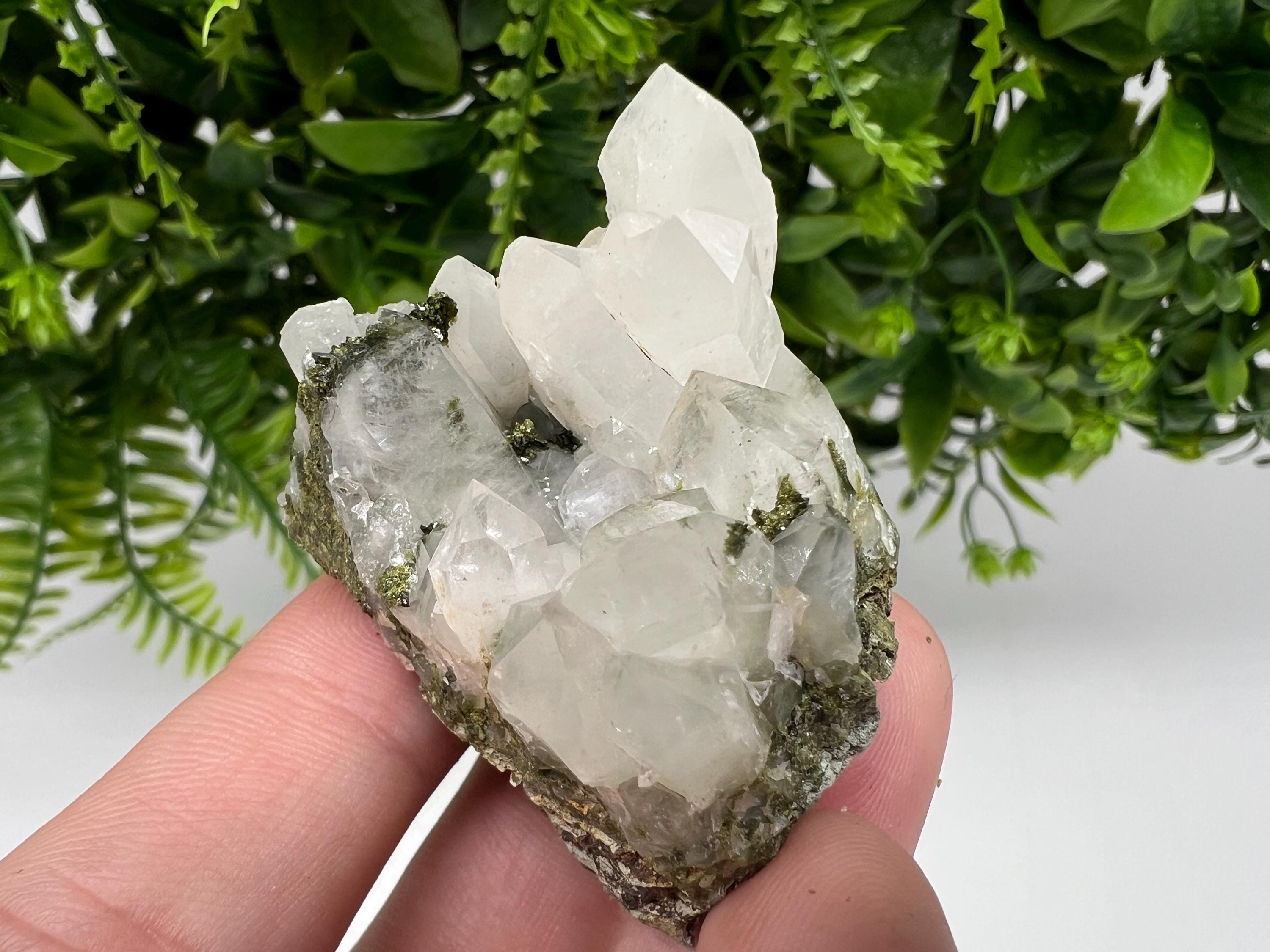 Green Epidote with Quartz Crystals, Rainbow Sparkle, Turkey Decor