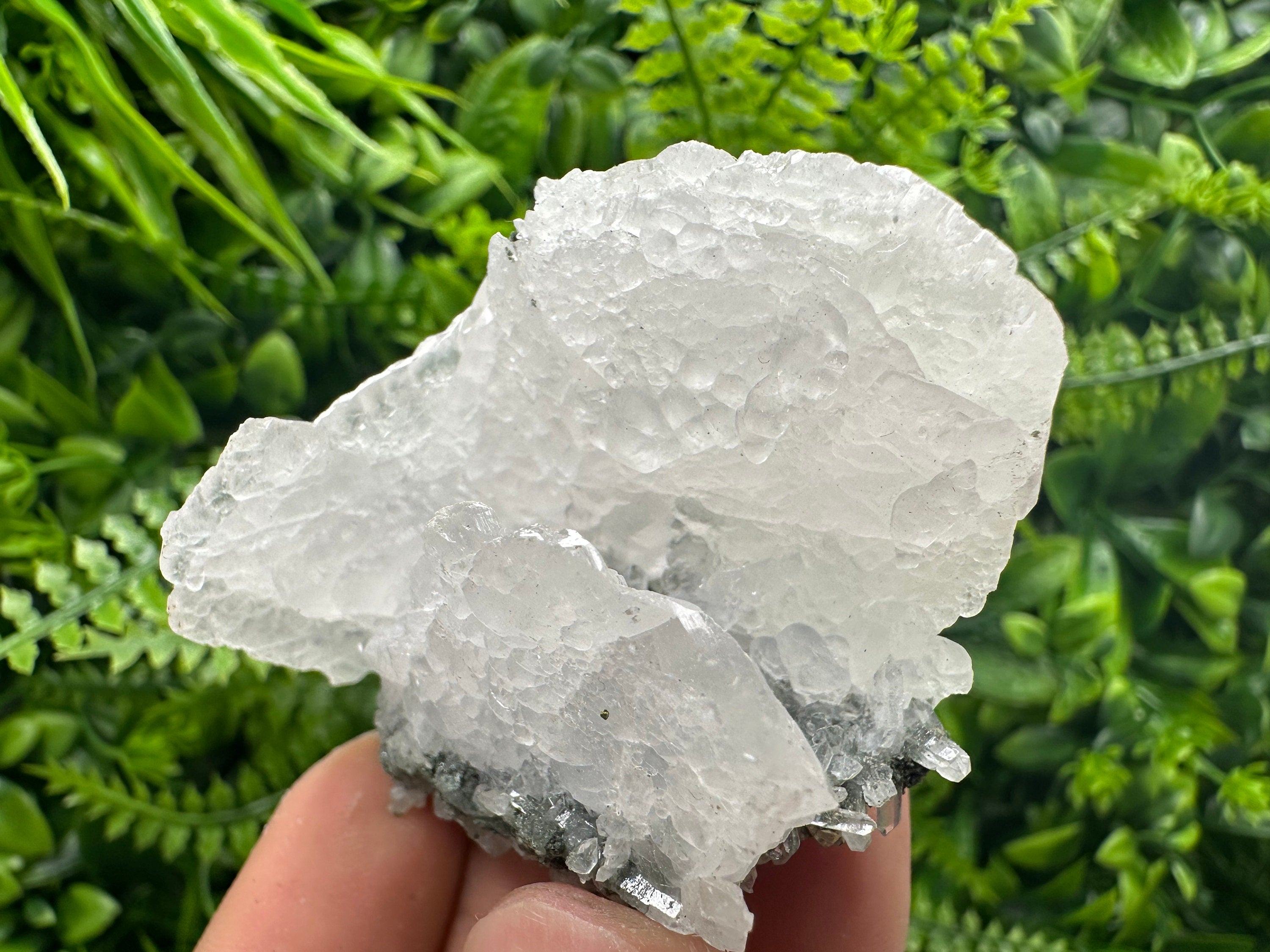 Calcite on Green Quartz: Djurcovo Mine, Bulgaria