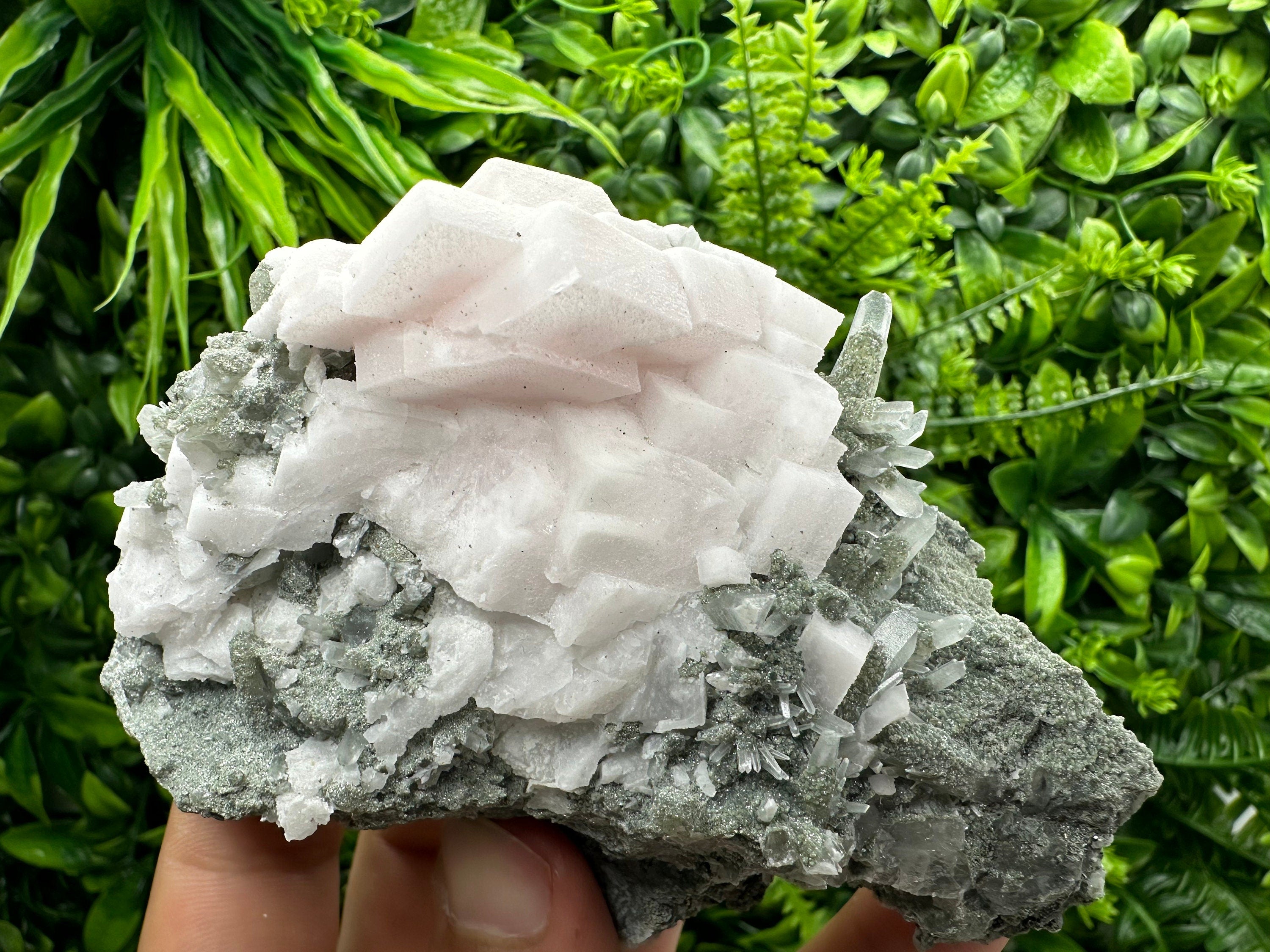 Mangano Calcite on Quartz with Chlorite, Borieva Mine Mineral Specimen