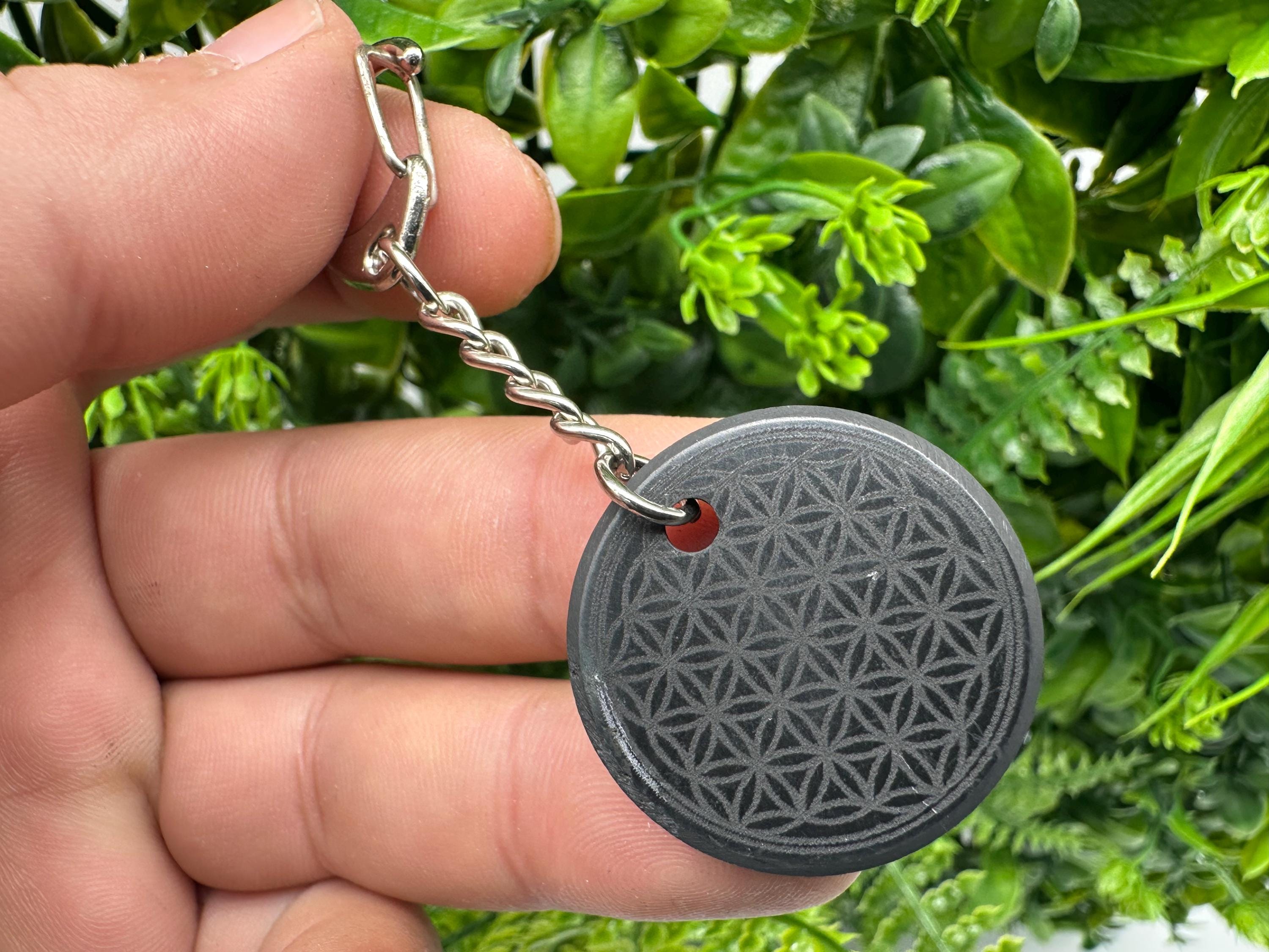 Shungite Keychain: Flower of Life Crystal Pendant, EMF Protection