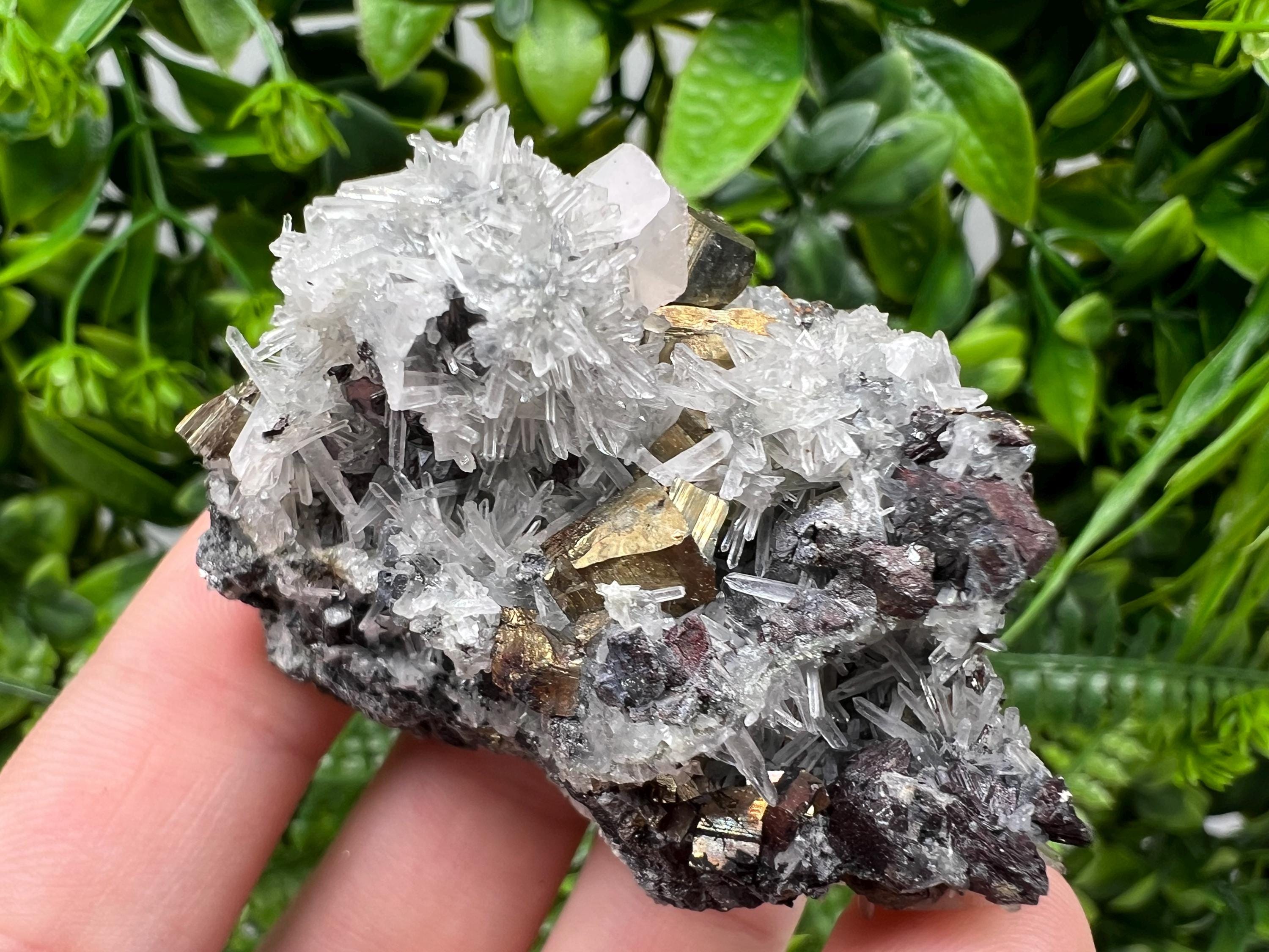 Pyrite on Quartz and Calcite Mineral Specimen, Borieva Mine Bulgaria