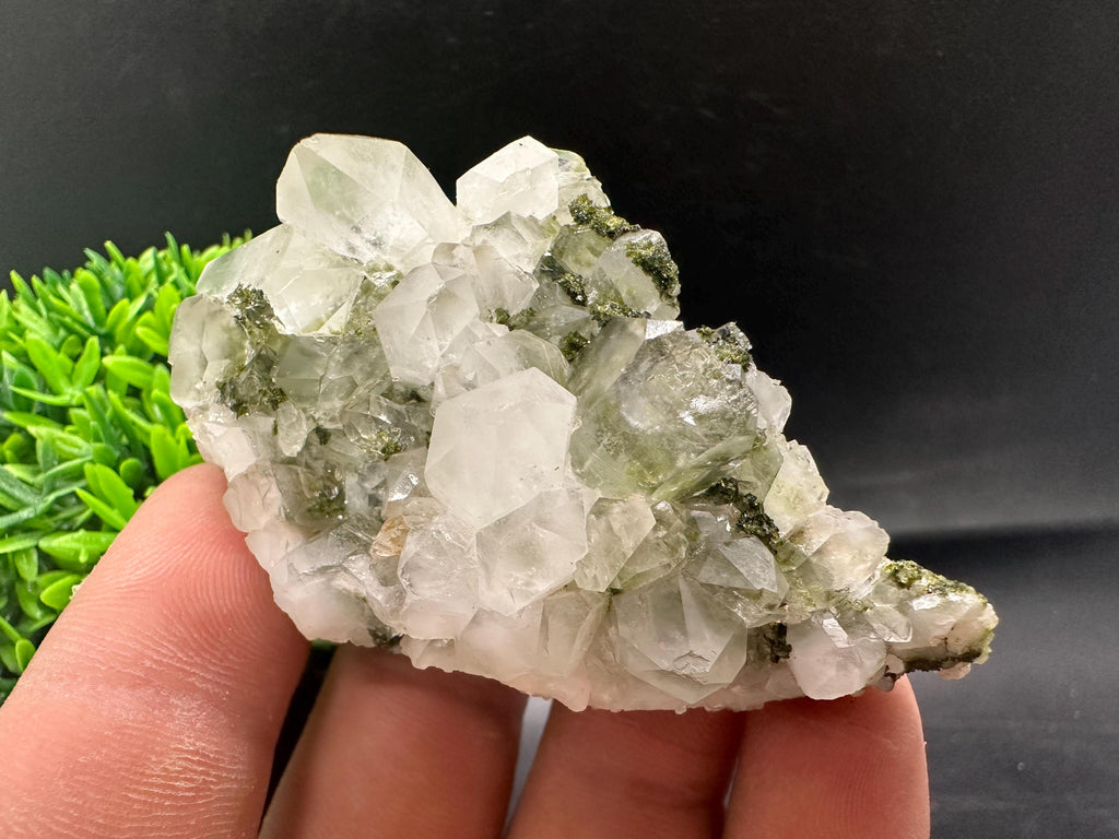 Rare Green Epidote with Quartz Crystals: Sparkly Rainbow Stone Decor