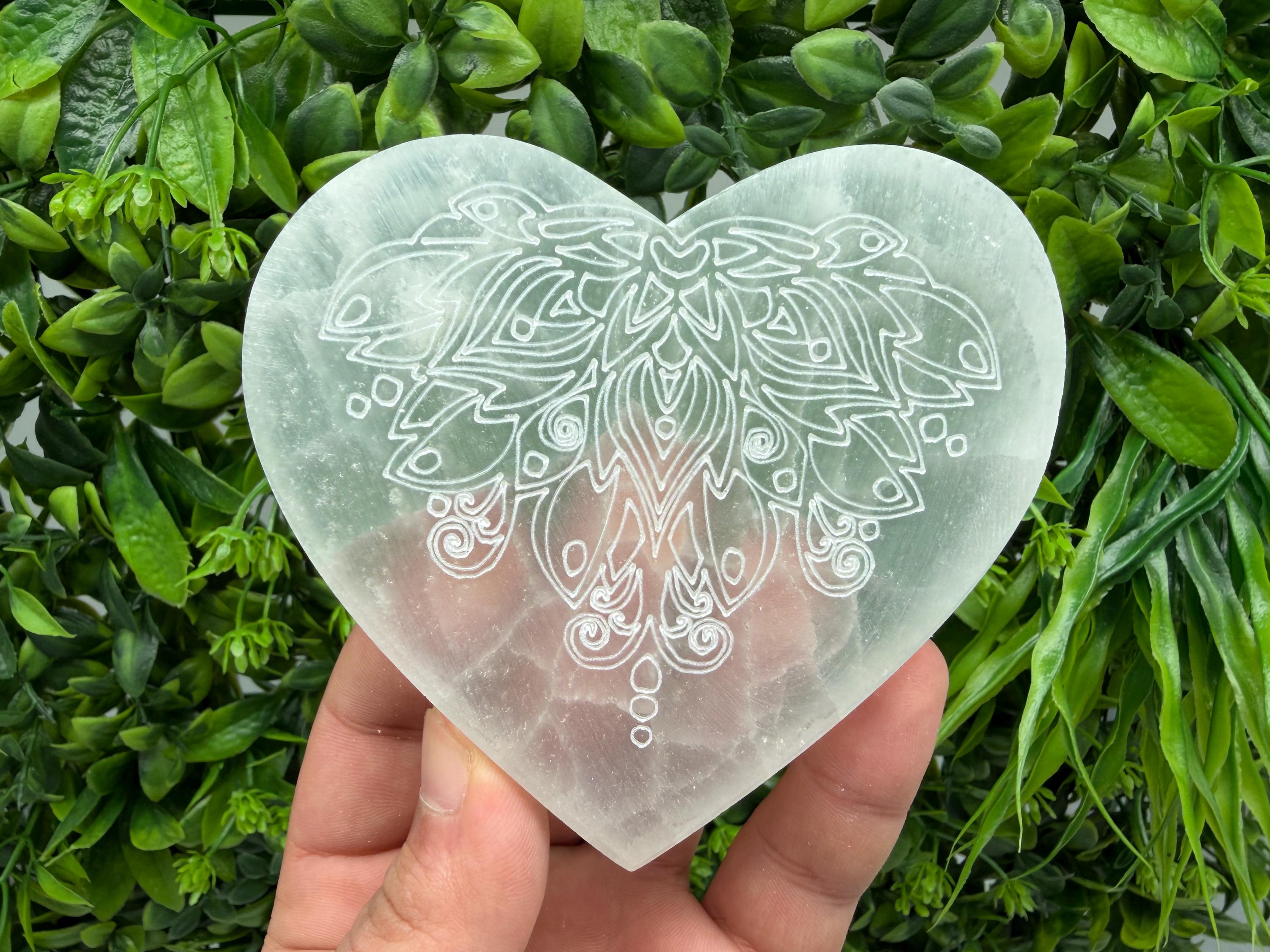 Selenite Heart Charging Plate with Lotus Flower Engraving – Crystal Altar Decor