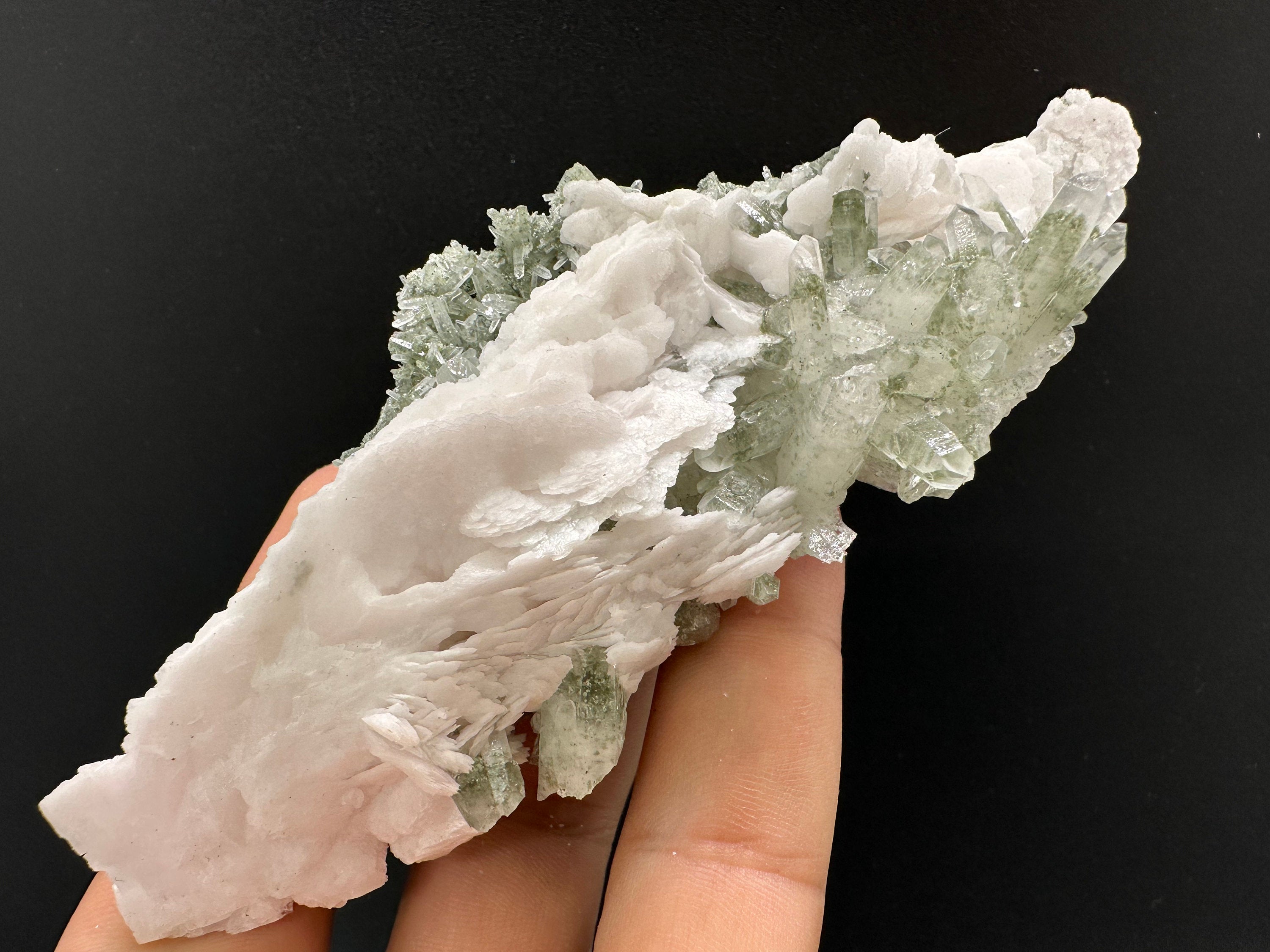 Calcite on Green Quartz: Borieva Mine Crystal Decor