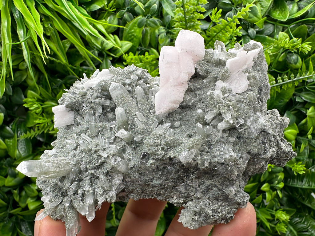 Mangano Calcite on Quartz with Chlorite, Borieva Mine Mineral Specimen