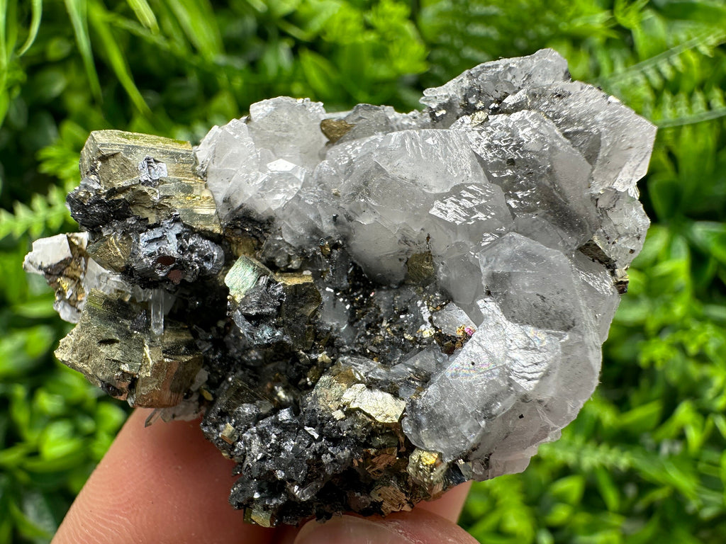 Rainbow Pyrite on Calcite Cluster - Borieva Mine, Bulgaria