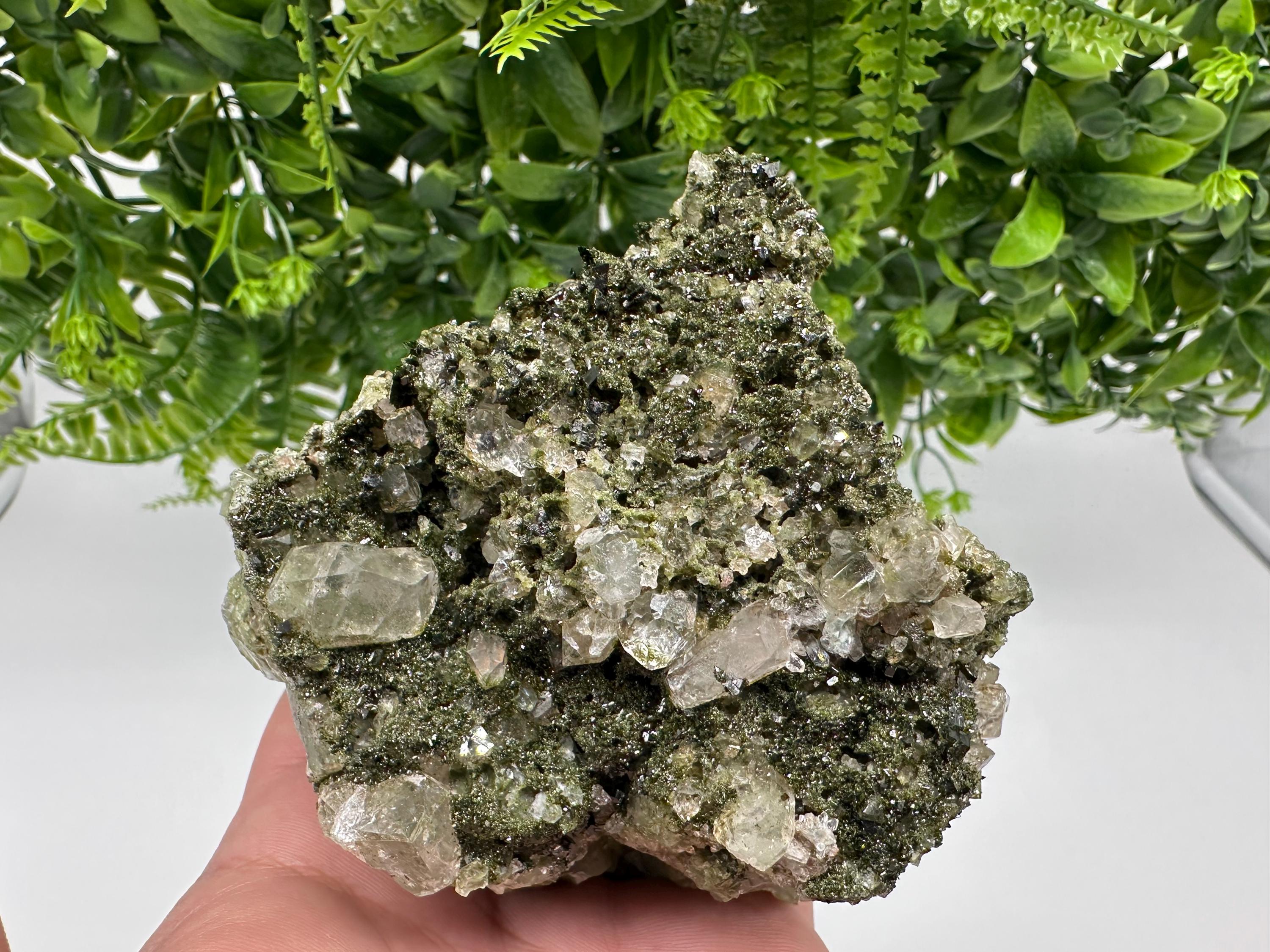 Green Epidote with Quartz Crystals: Sparkly Rainbow Mineral Decor