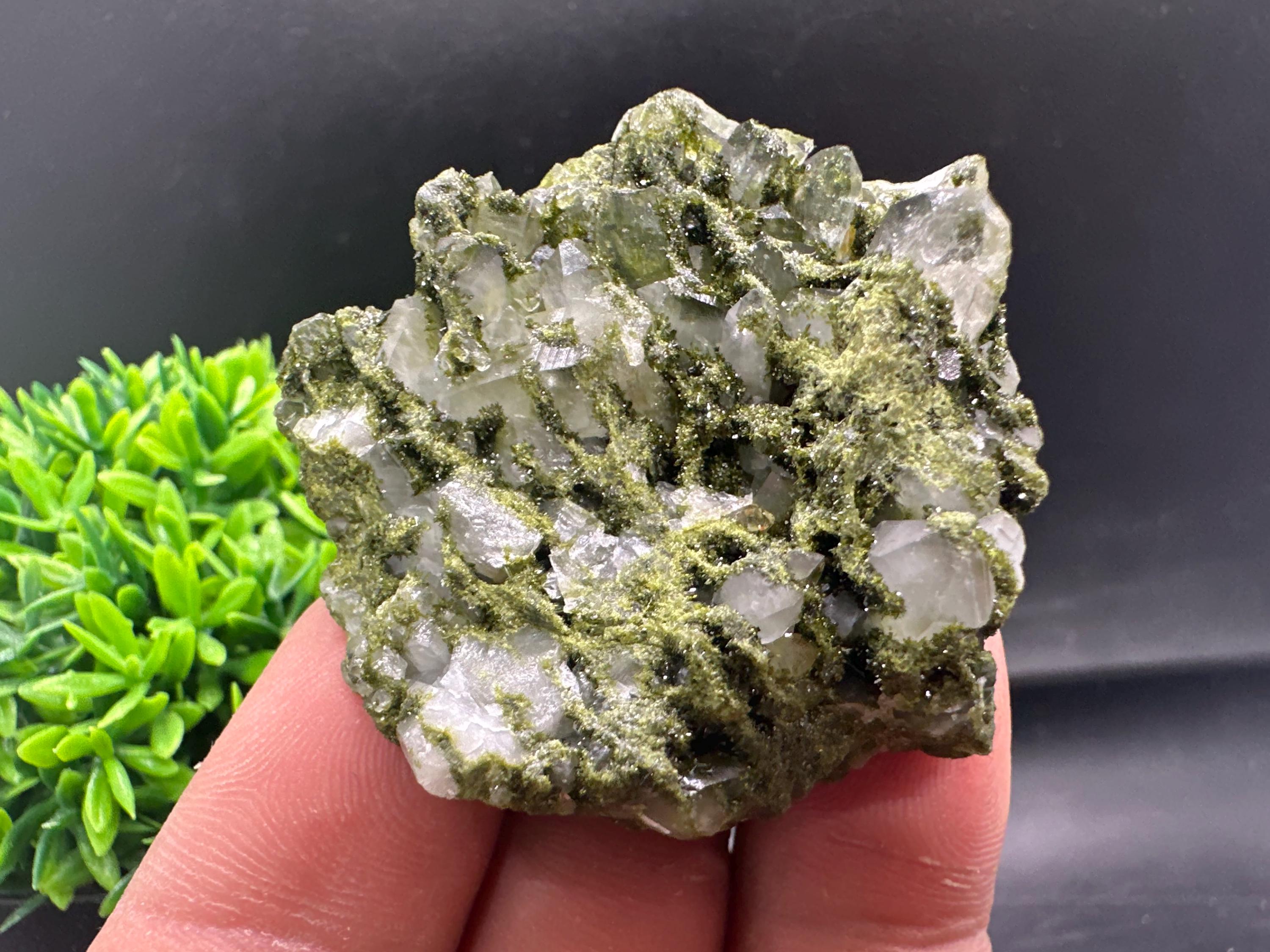 Rare Green Epidote with Quartz Crystals: Sparkly Rainbow Stone, Turkey
