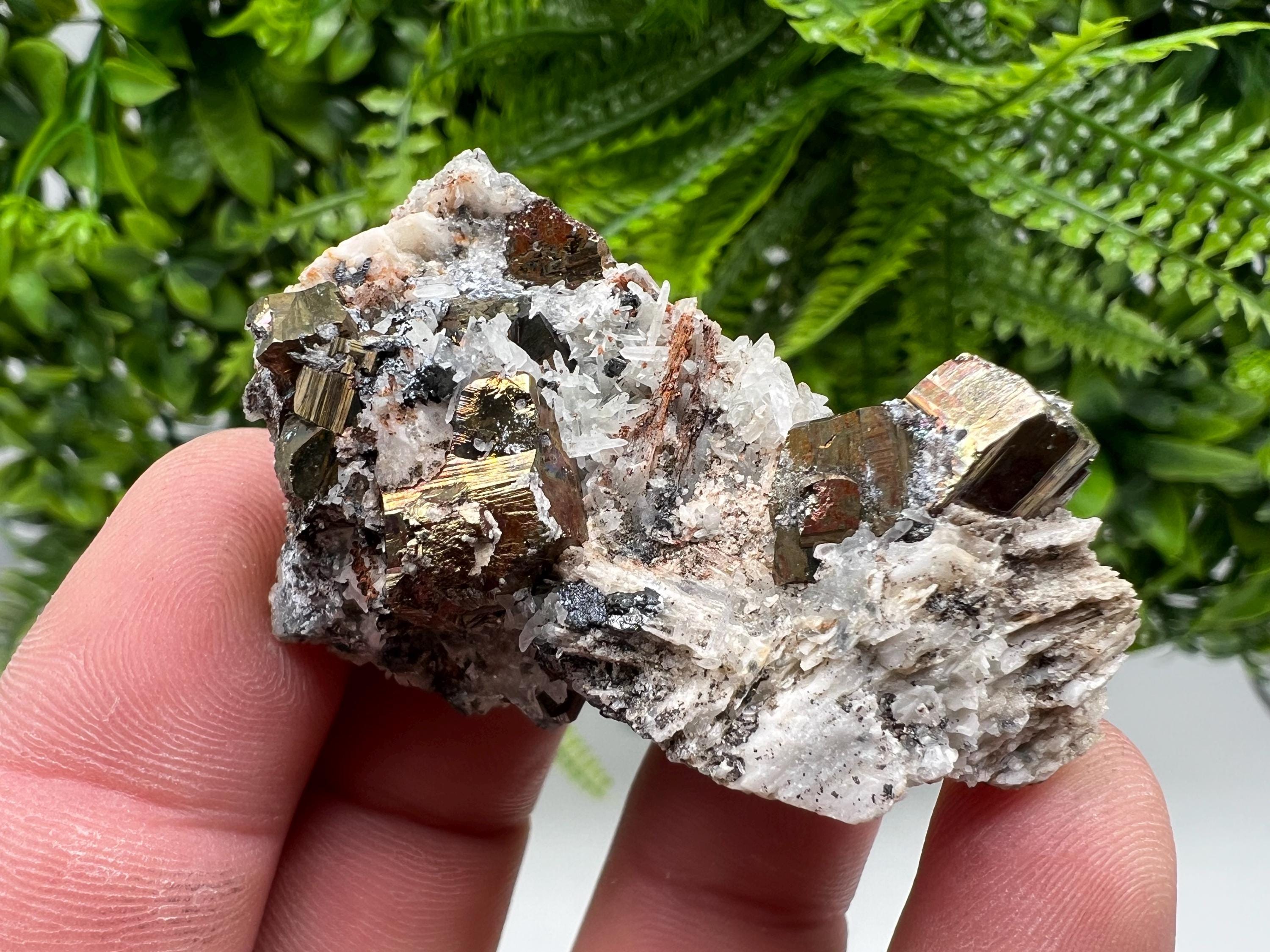 Pyrite with Hematite on Sphalerite, Quartz, Bulgaria Mineral Specimen