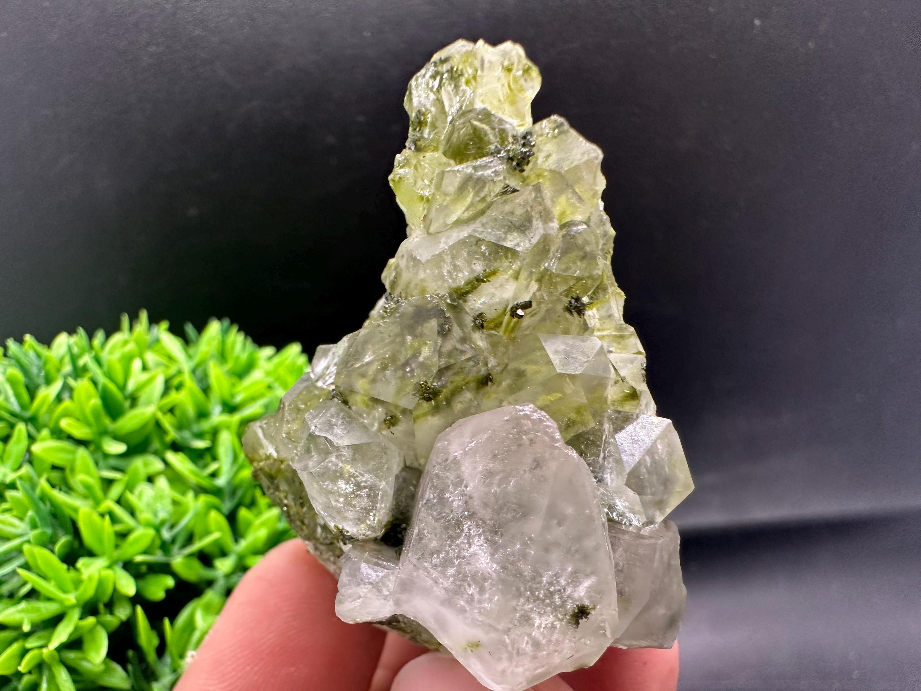 Rare Green Epidote with Quartz Crystals: Sparkly Rainbow Mineral Decor