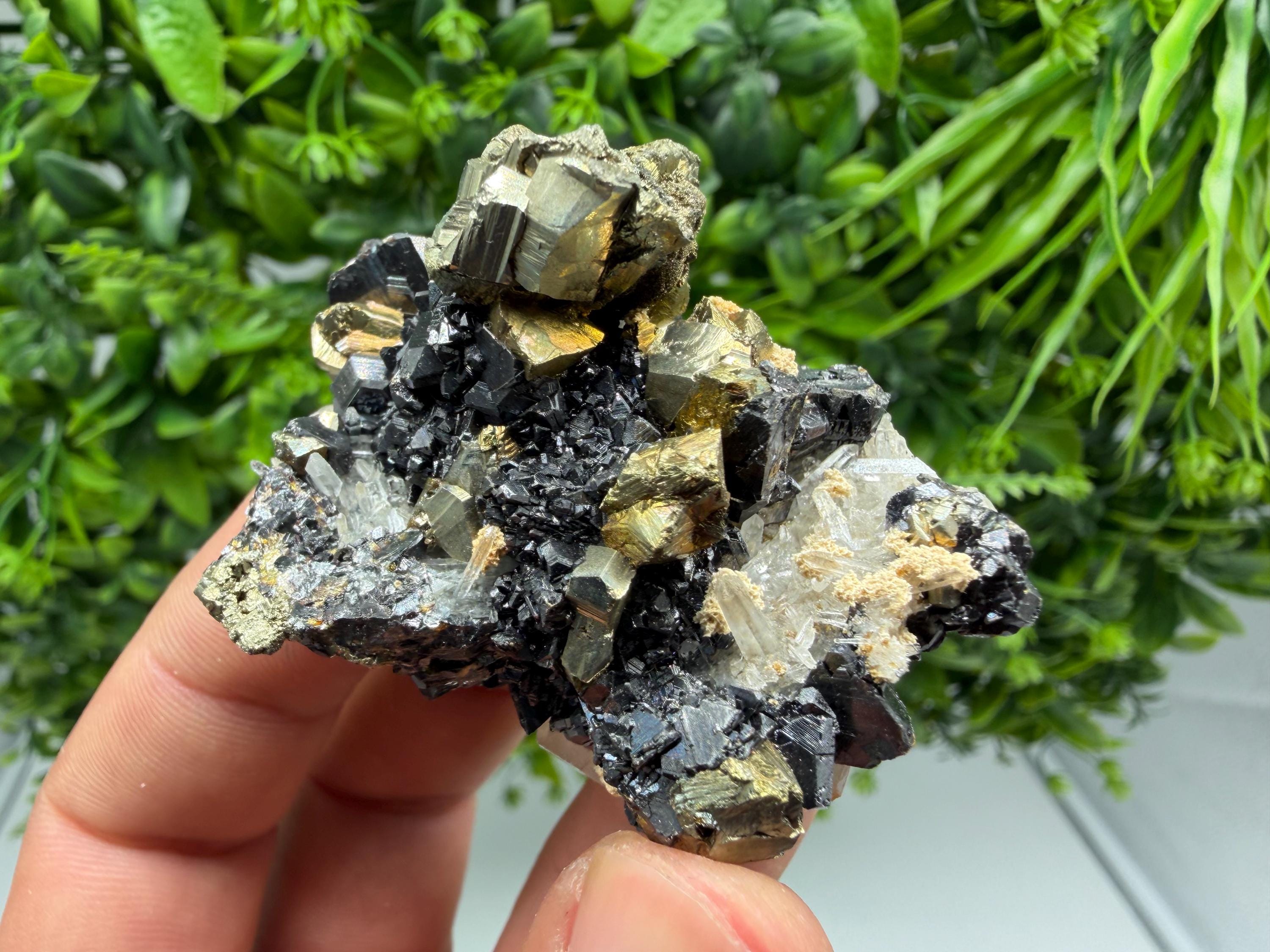 Rainbow Pyrite on Sphalerite with Quartz and Siderite, Collection Specimen