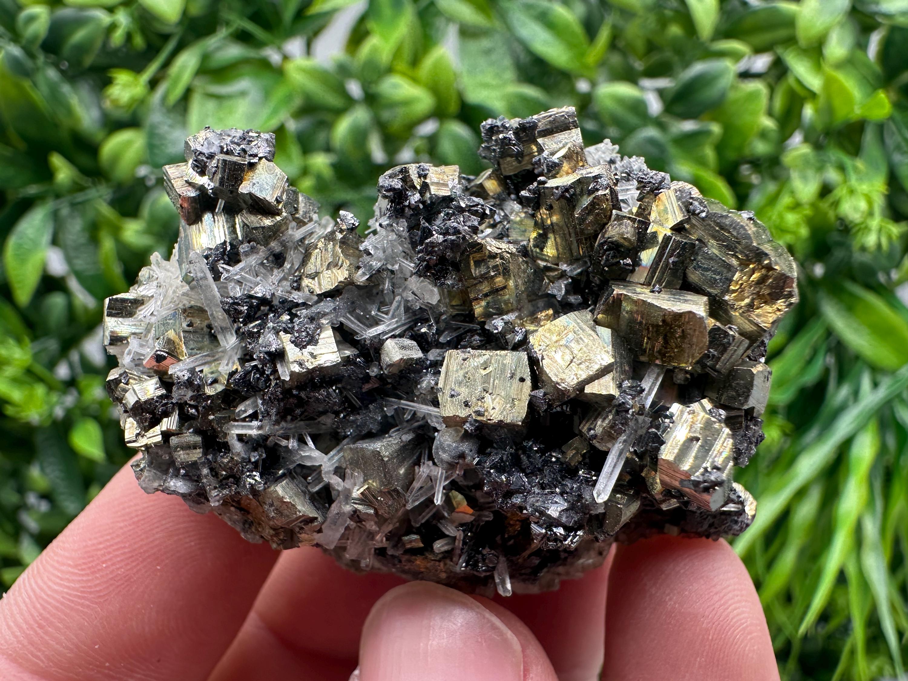 Wonderful Rainbow pyrite,Sphalerite on needles Quartz,natural minerals souvenir crystal gift collection stone,home decor Borieva Bulgaria
