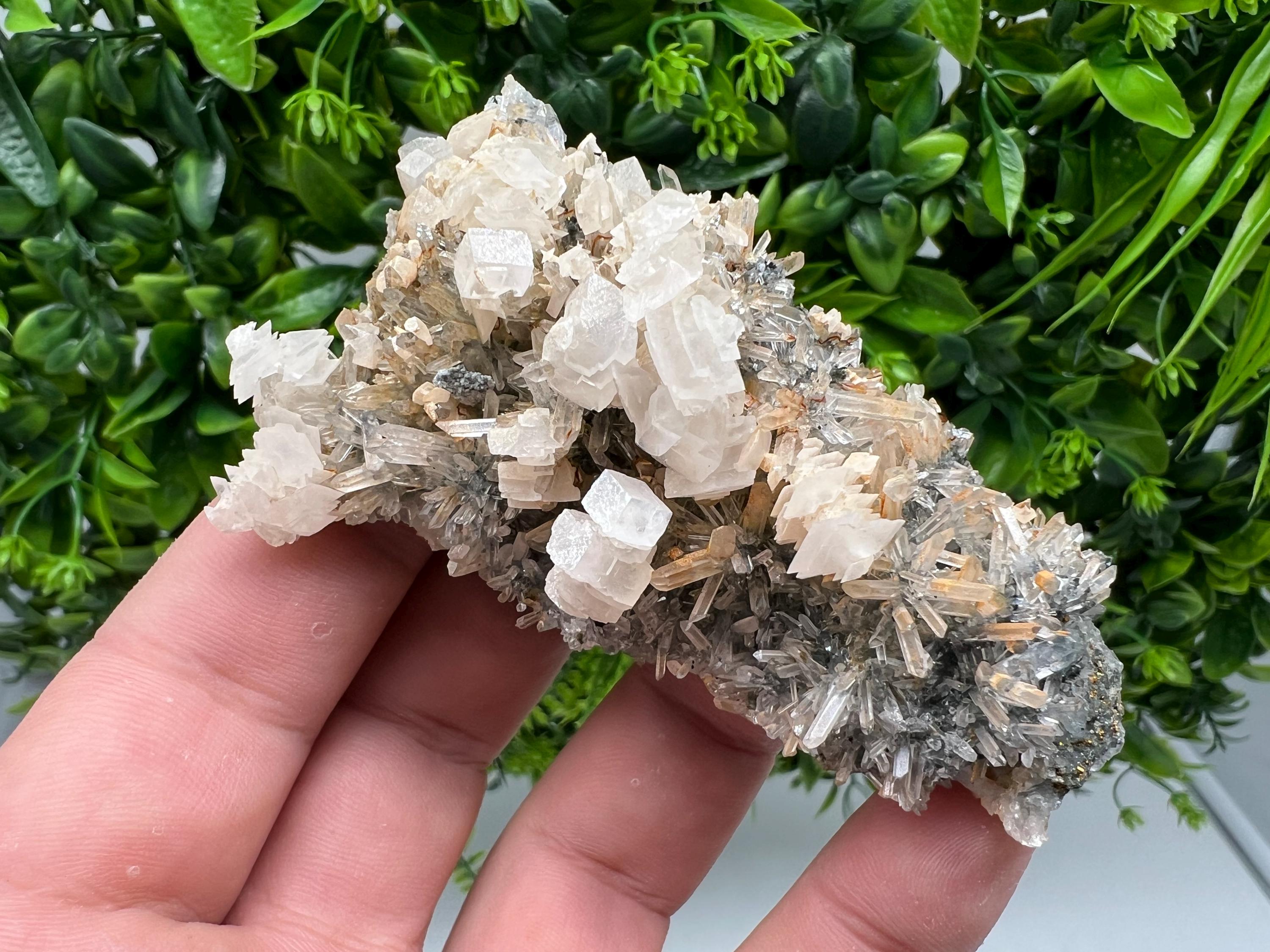 Wonderful Calcite on Quartz white Sphalerite, from Borieva mine,Bulgaria,natural,collection mineral specimen,Home decor crystal,gift,healing