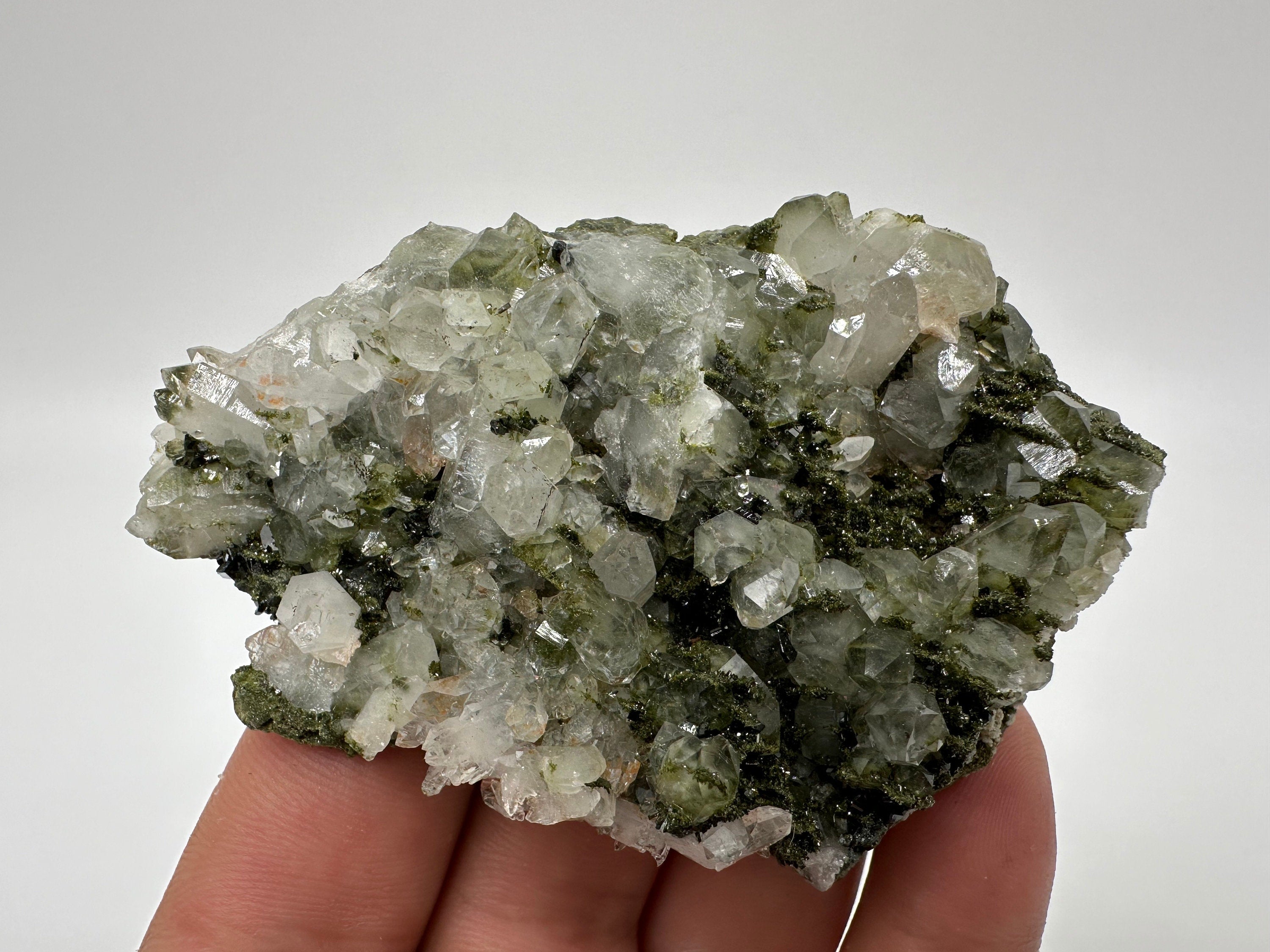 Rare Green Epidote with Quartz Crystals, Rainbow Sparkle, Turkey Mineral Specimen
