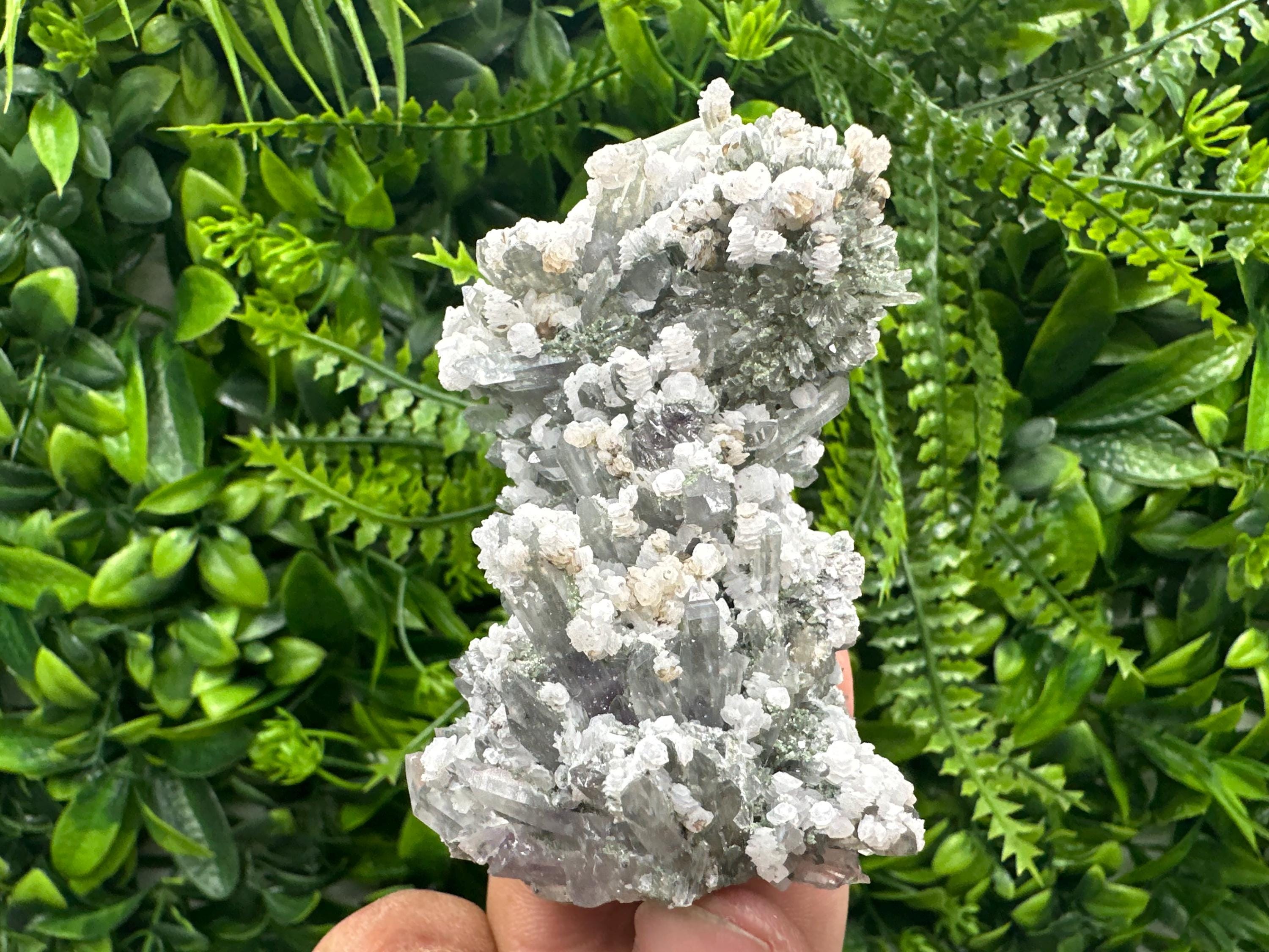 Calcite on Quartz with Amethyst and Chlorite, Djurcovo Mine, Bulgaria