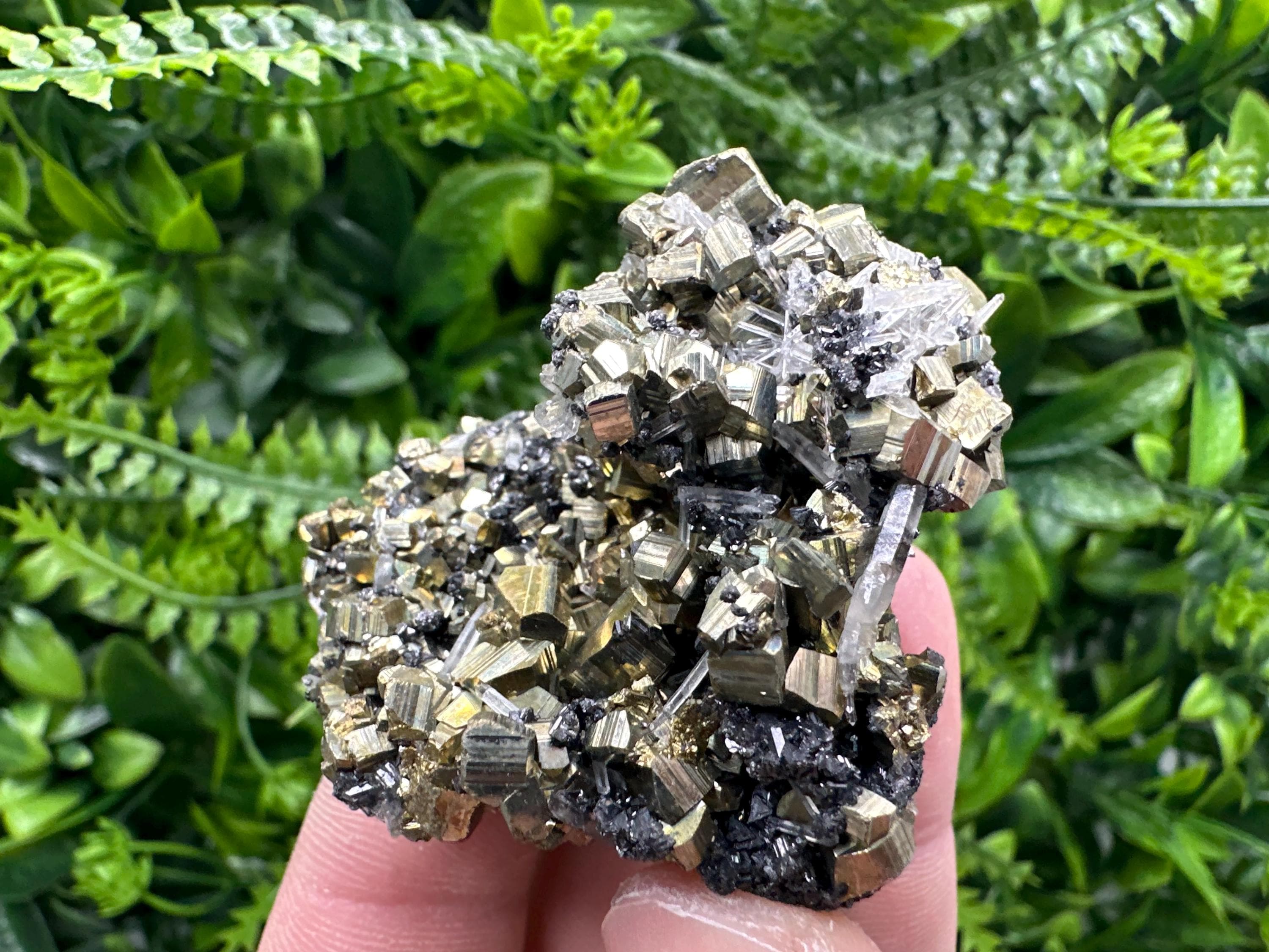 Rainbow Pyrite Cluster on Sphalerite Quartz, Bulgaria Mineral Specimen