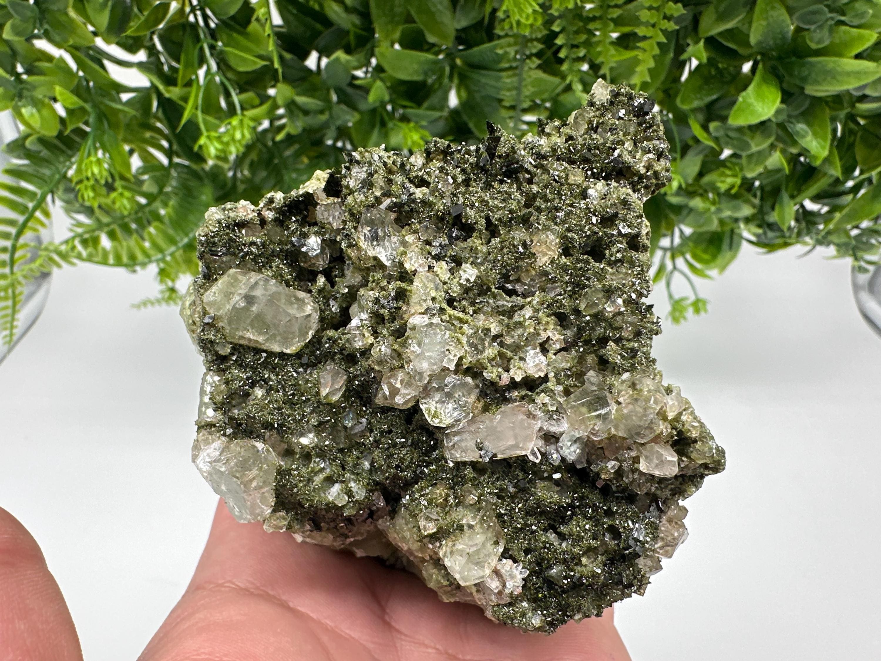 Green Epidote with Quartz Crystals: Sparkly Rainbow Mineral Decor