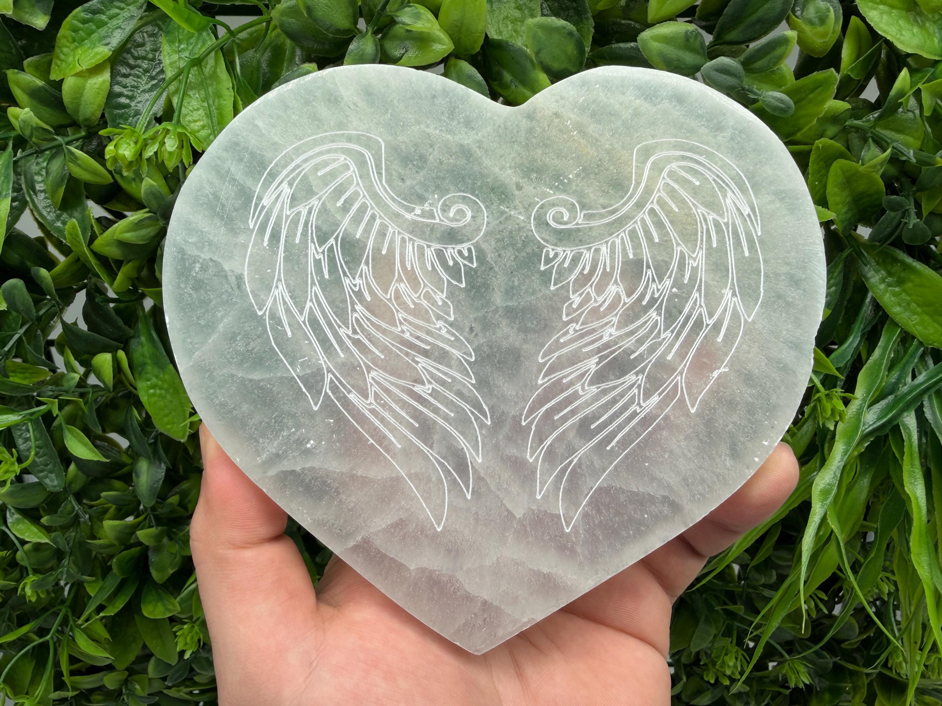 Selenite Heart with Angel Wings Selenite Charging Plate Crystal Charging Dish – Reiki Healing Crystal – Spiritual Altar Decor Angel Energy