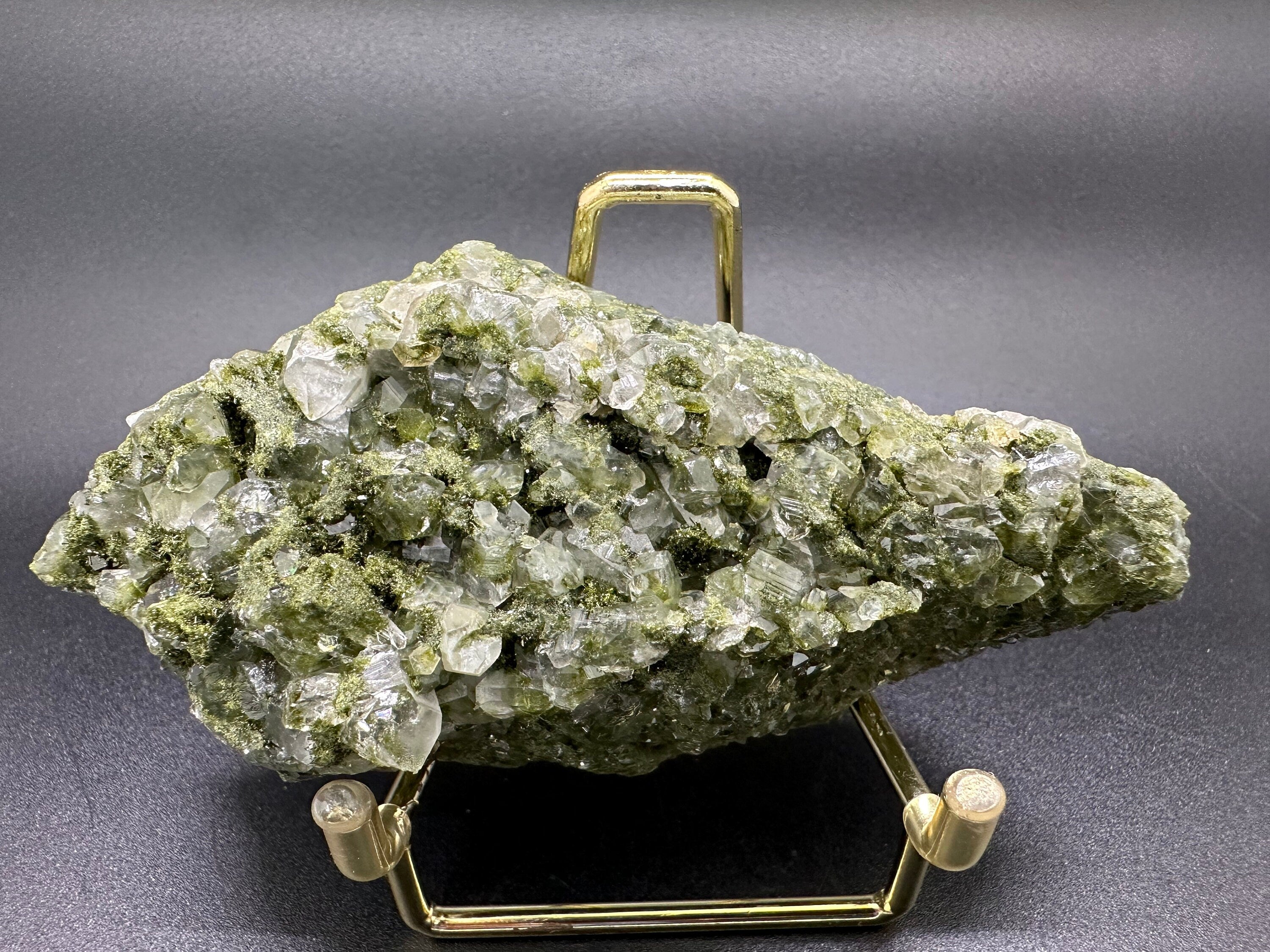 Rare Green Epidote with Quartz Crystals: Sparkly Rainbow Mineral Decor