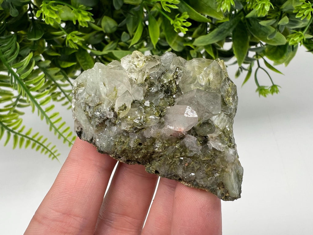 Rare Green Epidote with Quartz Crystals - Rainbow Sparkle Stone, Turkey