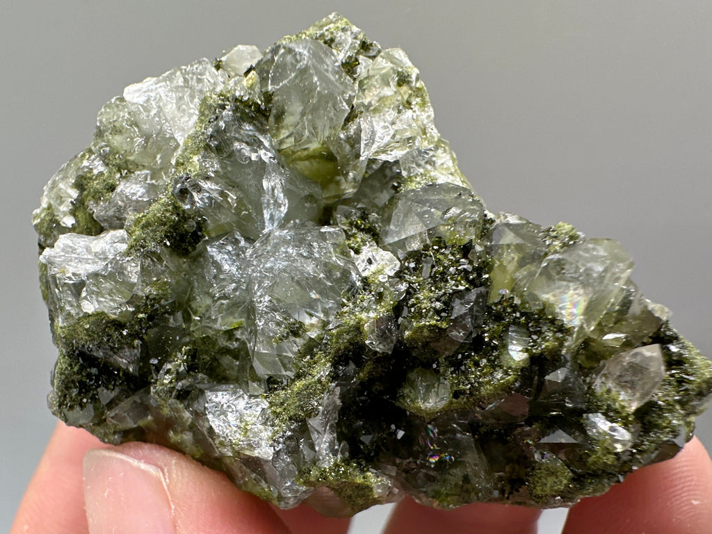 Rare Green Epidote with Quartz Crystals: Sparkly Rainbow Mineral Decor