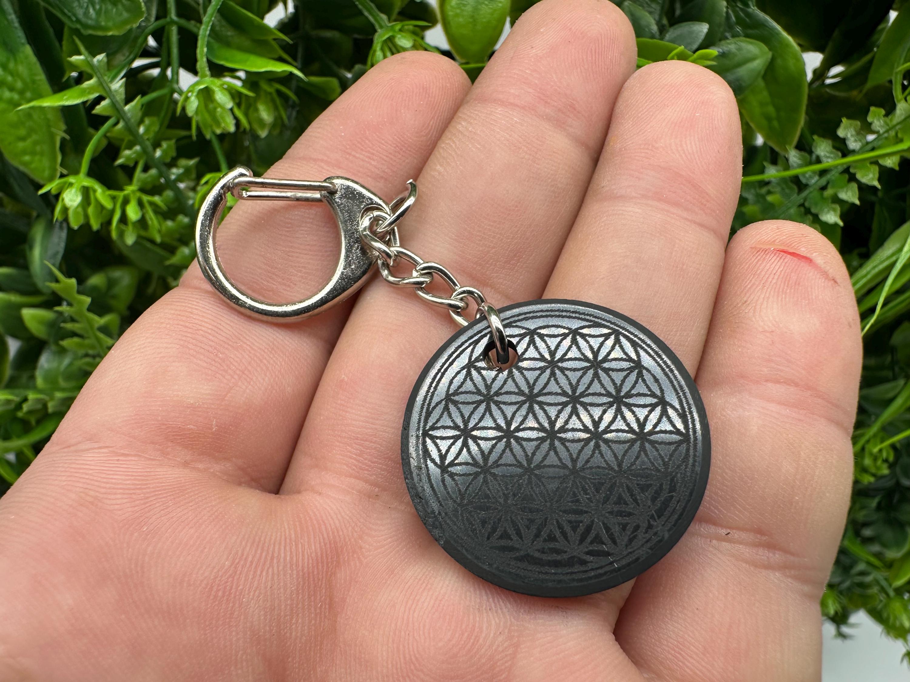 Shungite Keychain: Flower of Life Crystal Pendant, EMF Protection