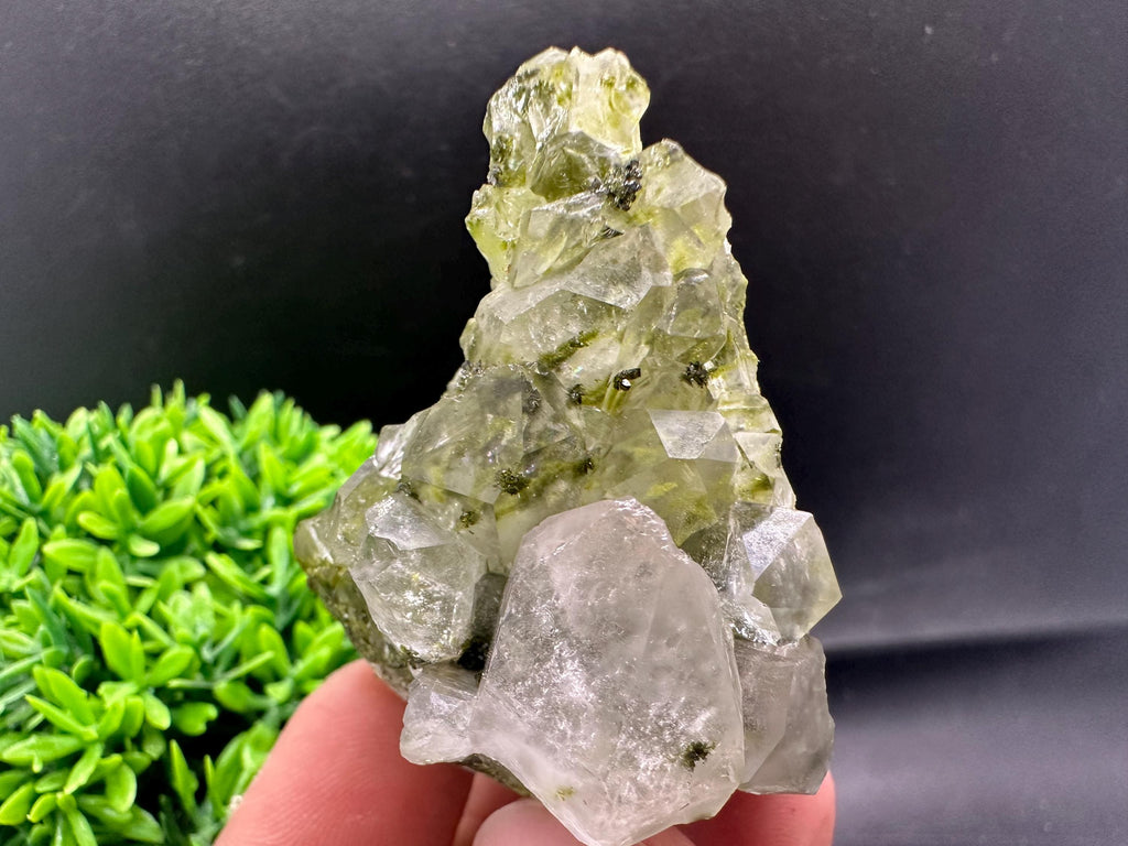 Rare Green Epidote with Quartz Crystals: Sparkly Rainbow Mineral Decor